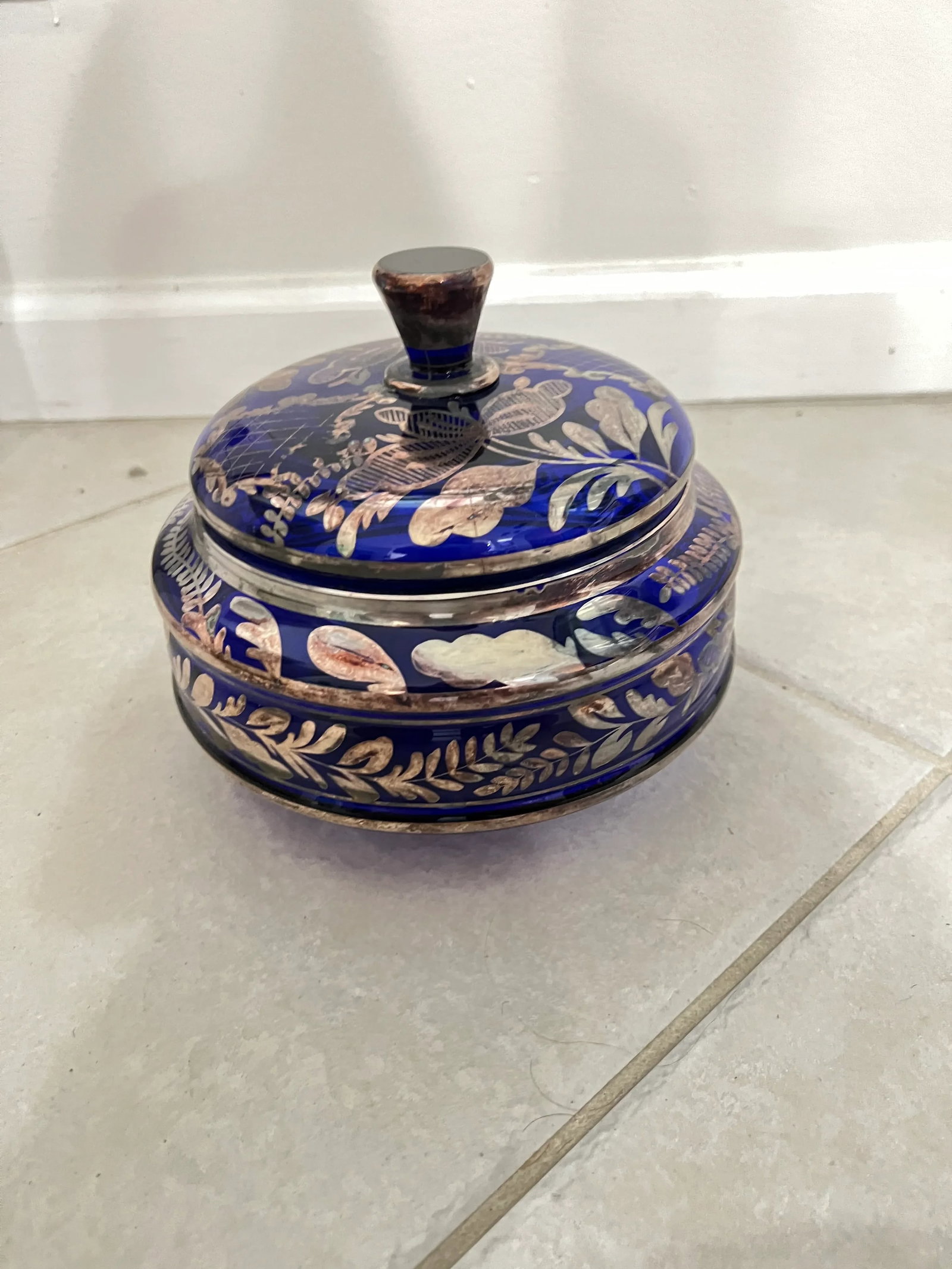 Early 20th Century Blue Glass & Silver Floral Overlay Bowl With Lid - 7