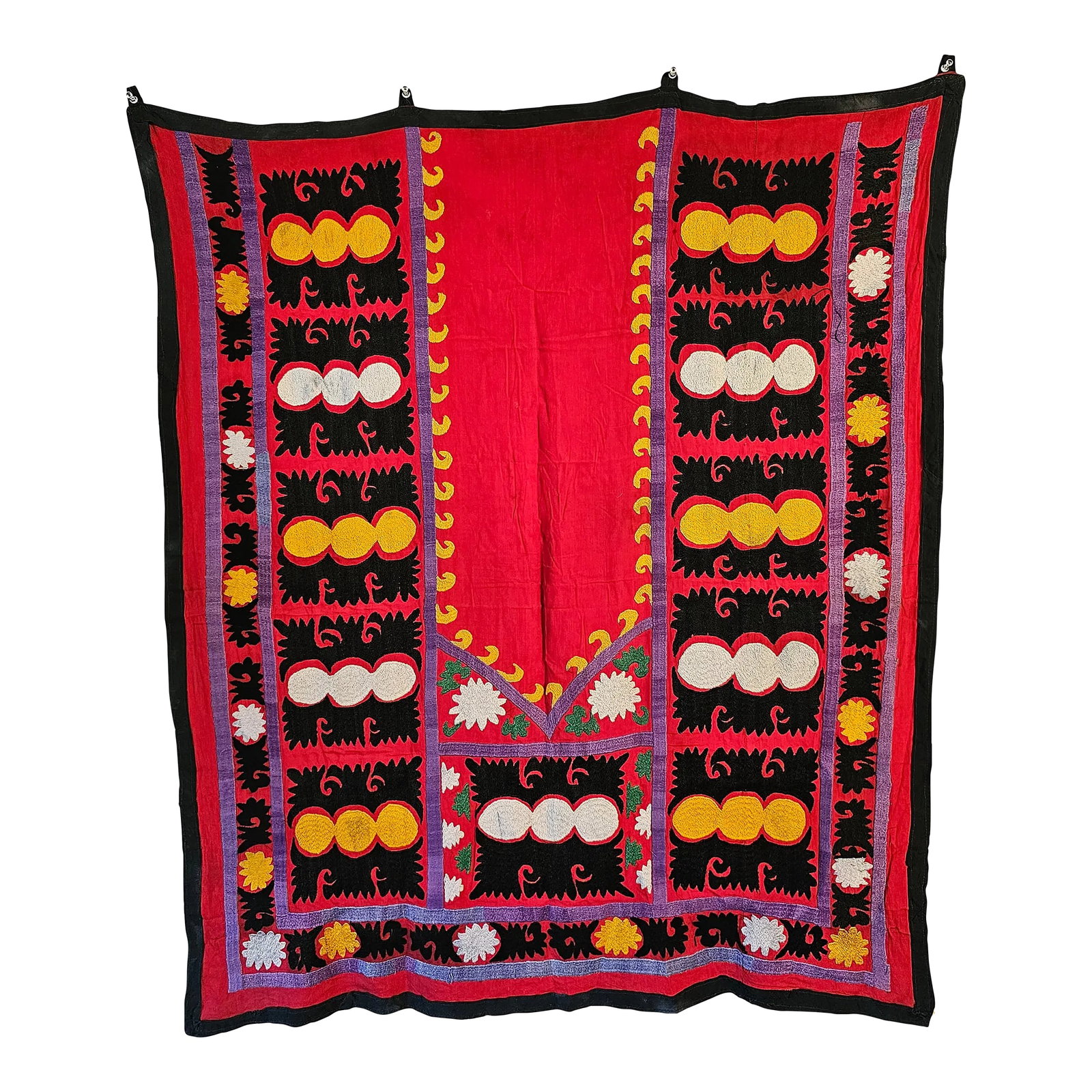 Early 20th Century Samarkand Silk and Cotton Embroideded Suzani Prayer Hanging: Early 20th century Samarkand, Uzbekistan made silk and cotton embroidery Prayer Hanging. Measures 40" in width and 47" in height. Hand stitched. Condition: Alterations: Original Condition Unaltered