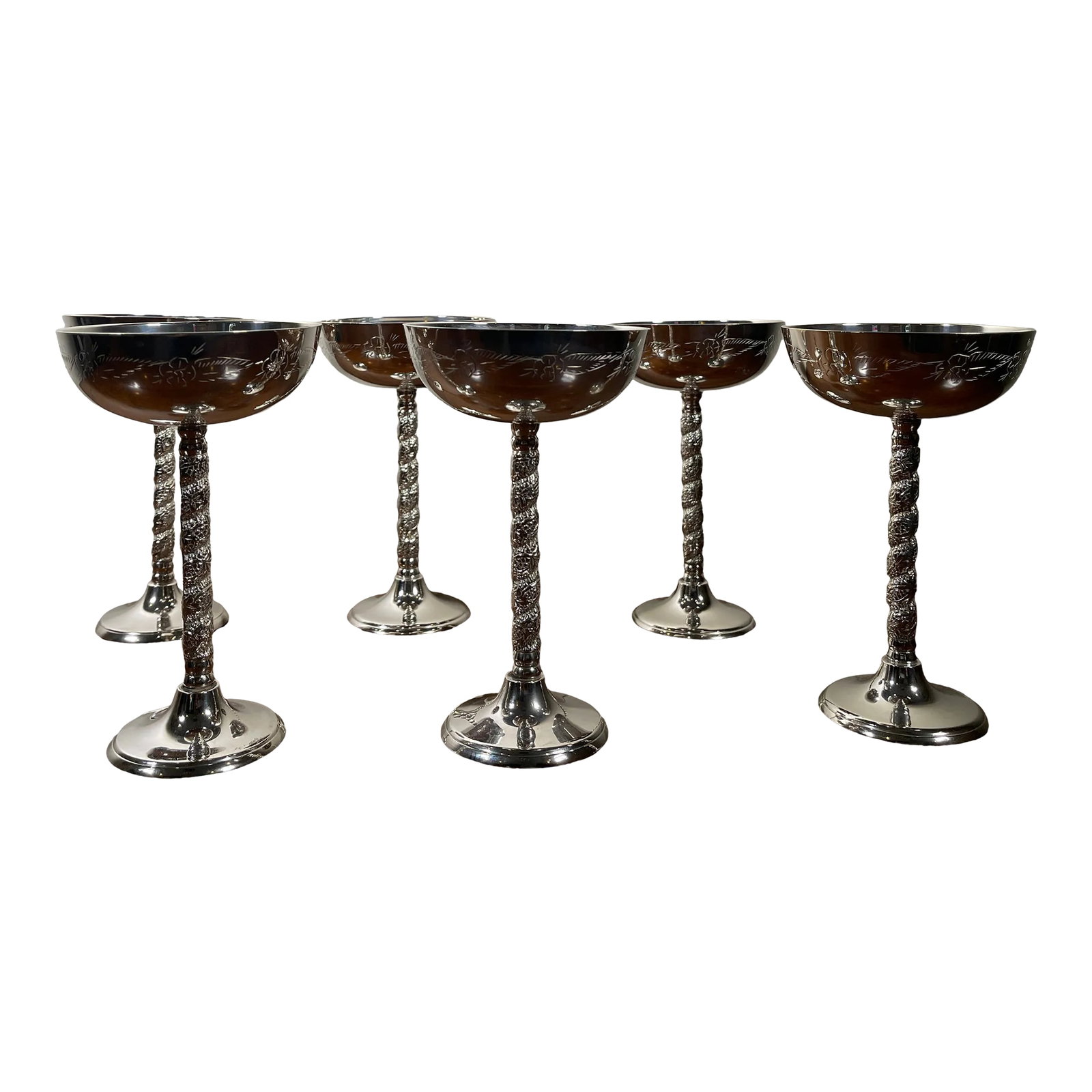 1950s Silver Plated Champagne Glasses- Set of 6: 1950s Silver Plated Champagne Glasses Ideal for Dessert. Condition: Alterations: Original Condition Unaltered Imperfections: Some Imperfections Condition Notes: Good condition Origin: Italy Materials