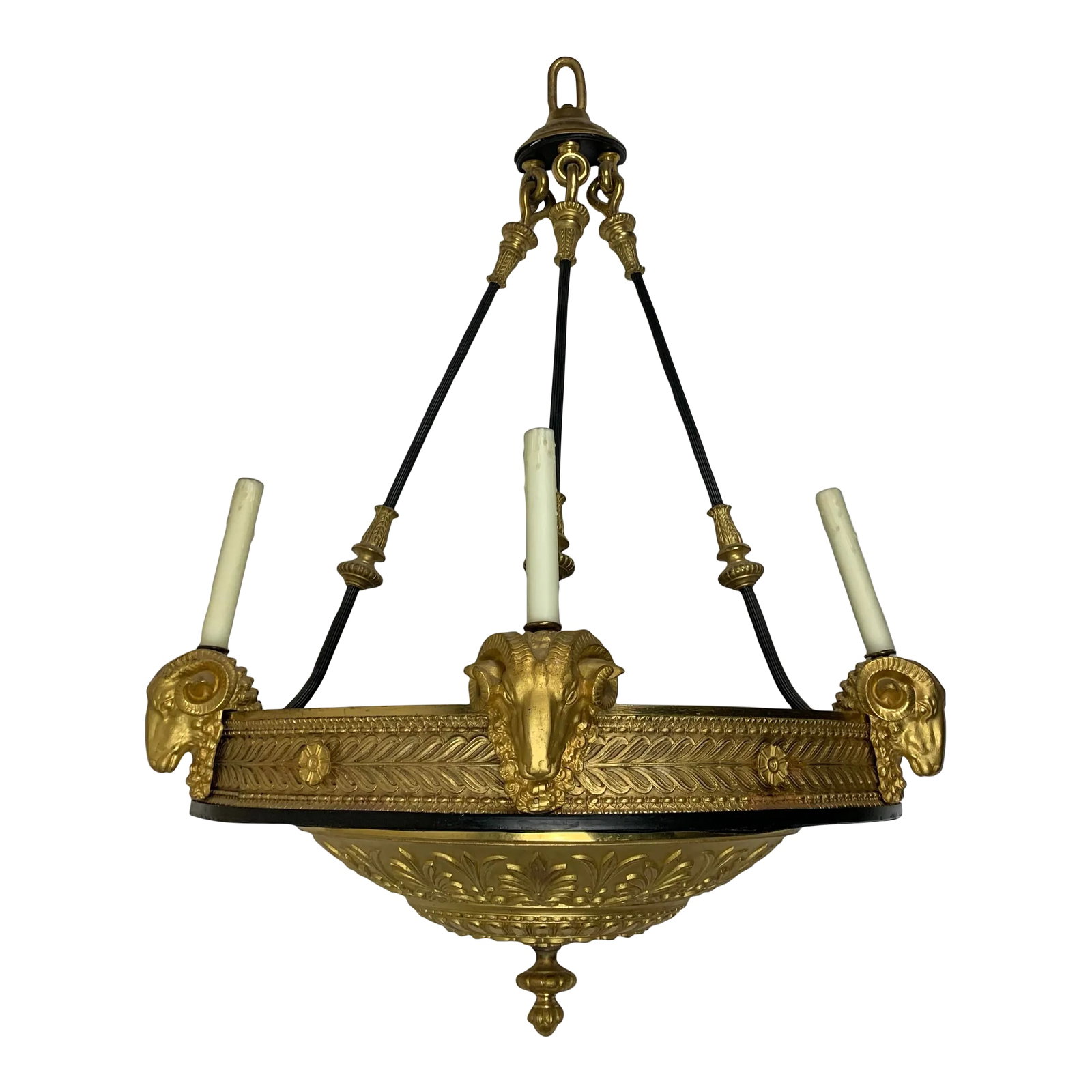 Early 20th Century Gilt Bronze Empire Style Half Pendant Chandelier: Mid century gilt bronze Russian empire style half pendant chandelier with three candles supported by gold ram heads. Gilt flower and leaf detail complete the half surround and base. Condition: Alterat