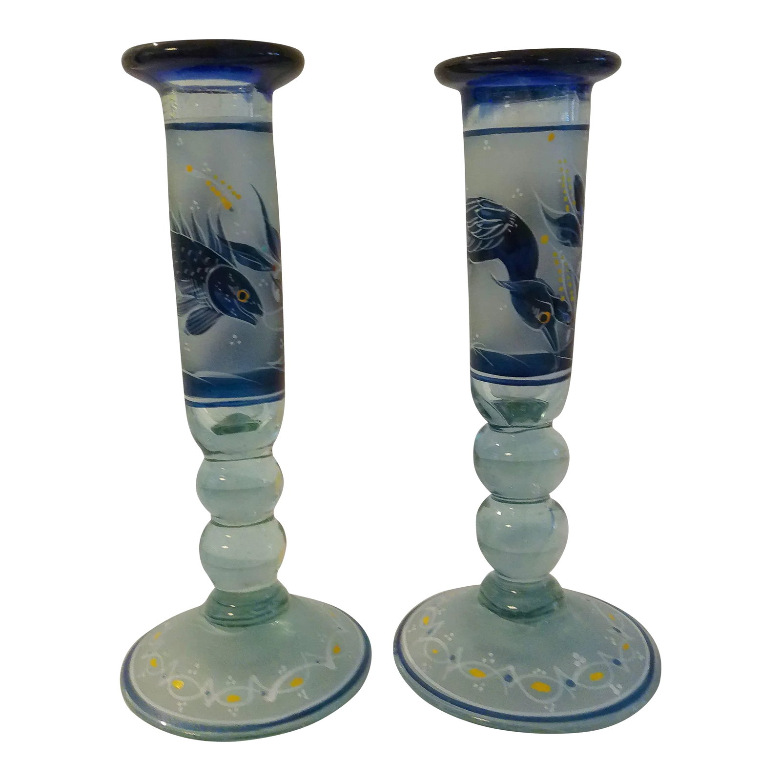 Vintage Mexican Hand-Painted Glass Heron & Fish Candle Holders, a Pair (1 of 5)