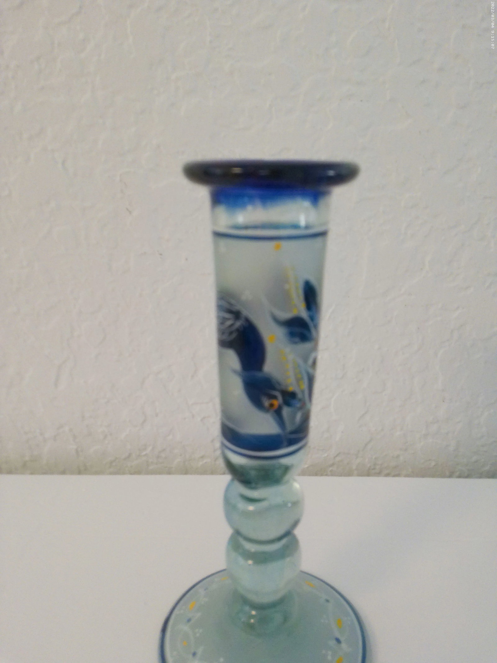 Vintage Mexican Hand-Painted Glass Heron & Fish Candle Holders, a Pair - 3