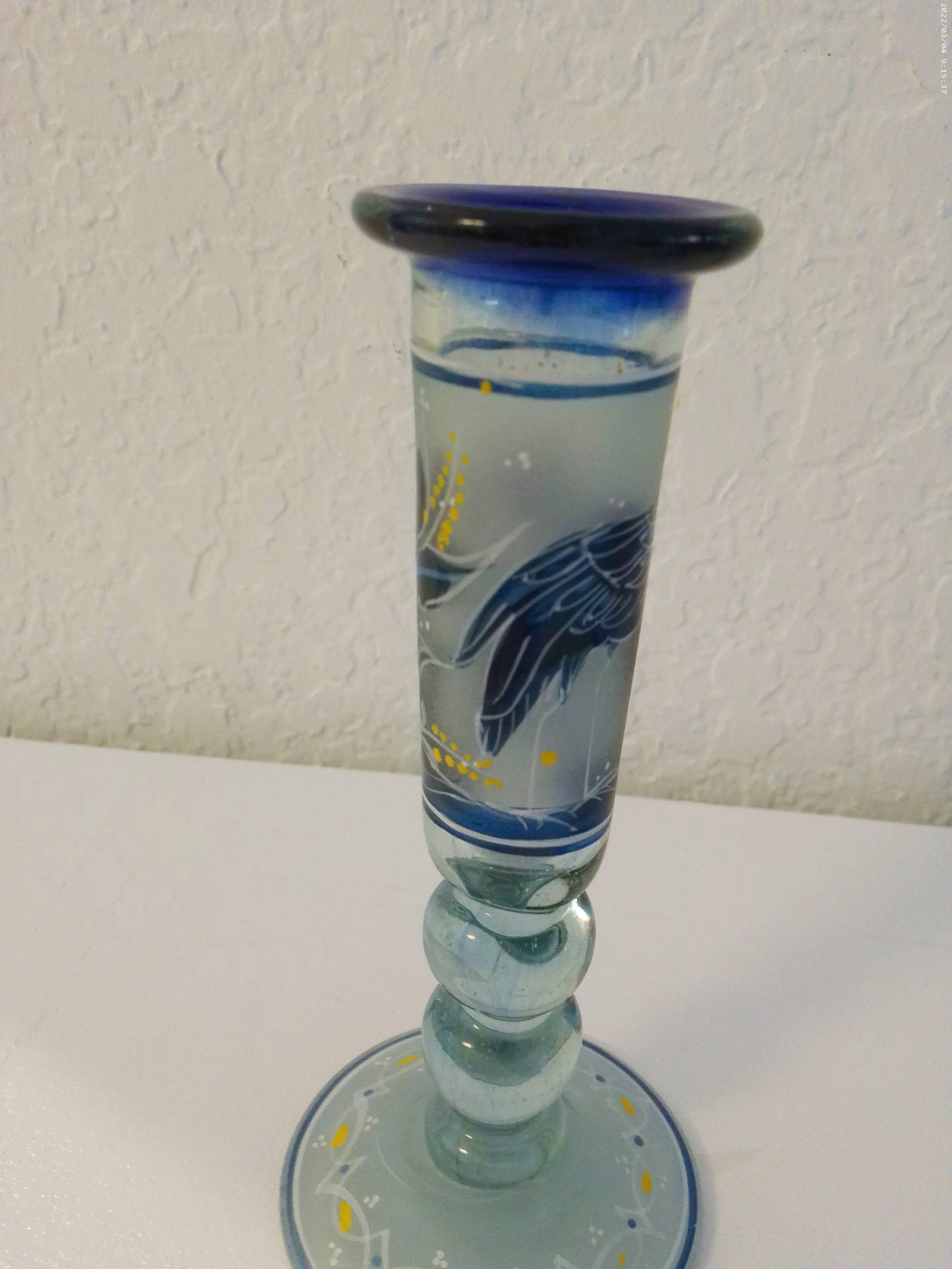 Vintage Mexican Hand-Painted Glass Heron & Fish Candle Holders, a Pair - 4