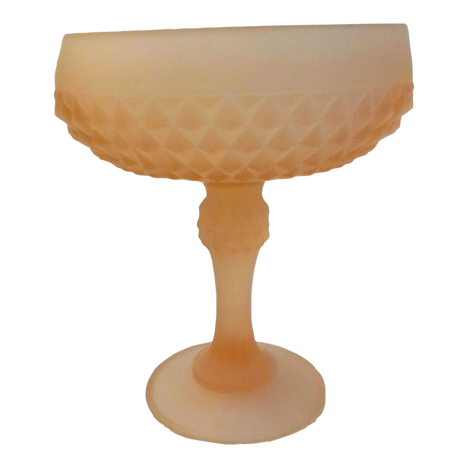 1970s Indiana Glass Pink Satin Compote: Pretty pink satin glass pedestal bowl featuring a diamond point design around perimeter. Made in the 1970s by the Indiana Glass Company. Excellent condition. Lovely for use as a candy dish bath to