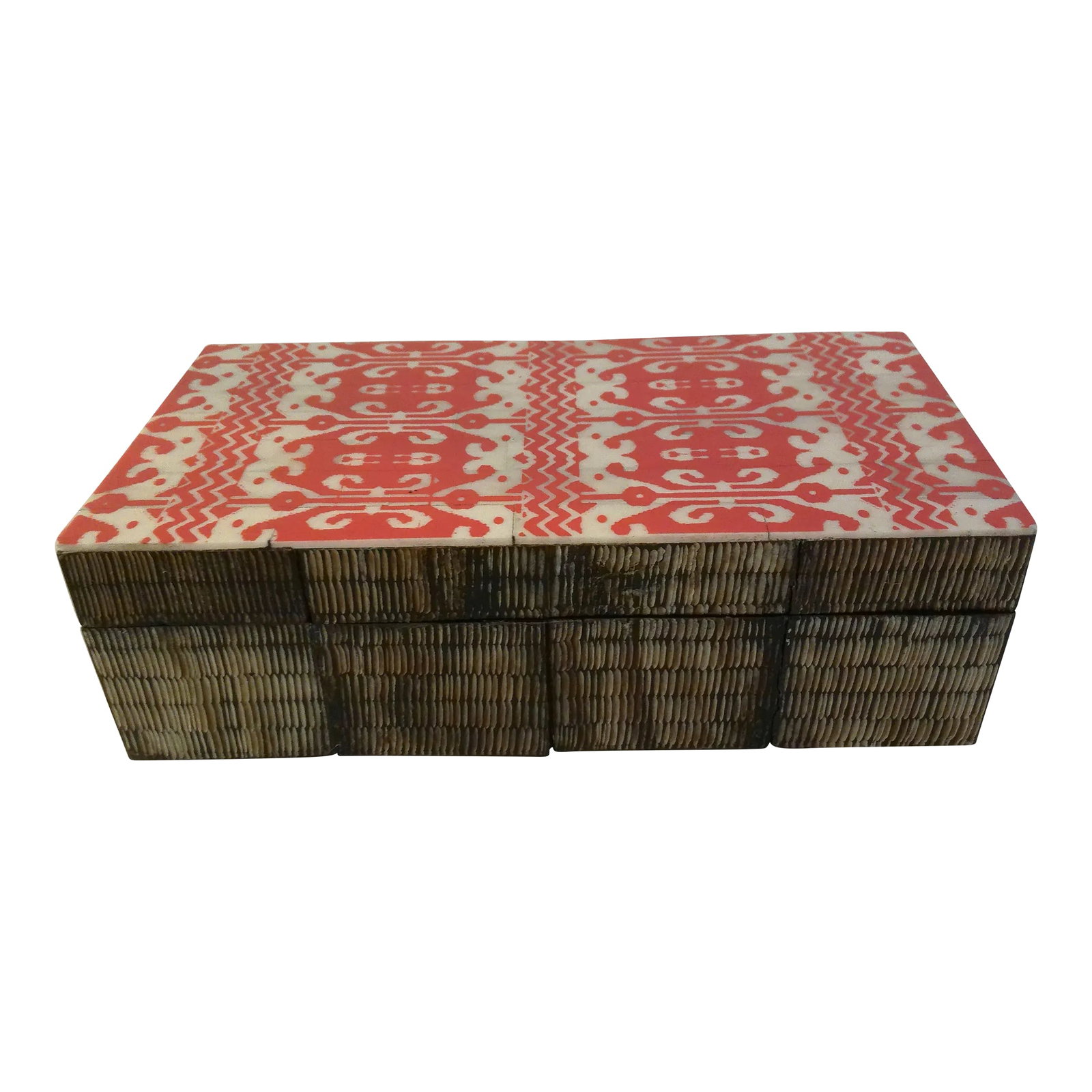 Indian Wood & Bone Ikat Lidded Box: Stylish lidded wood box from India featuring a bone tile lid with a hot pink-shaded Ikat design on top and niched tiles around perimeter. Original label underside "Made in India." Condition: