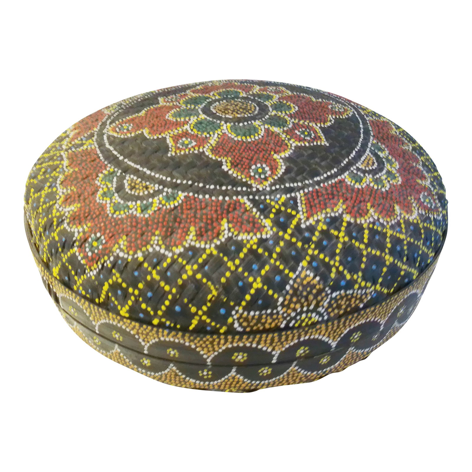 Vintage Hand-Painted Dot Art Boho Lidded Rattan Basket: Colorful lidded decorative storage basket in woven, black rattan featuring a dot-art hand-painted design on exterior of basket. Condition: Alterations: Original Condition Unaltered Imperfections: