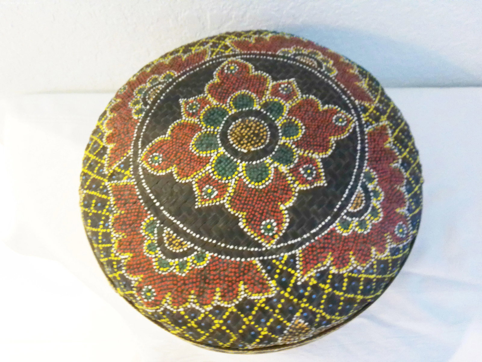 Vintage Hand-Painted Dot Art Boho Lidded Rattan Basket - 2