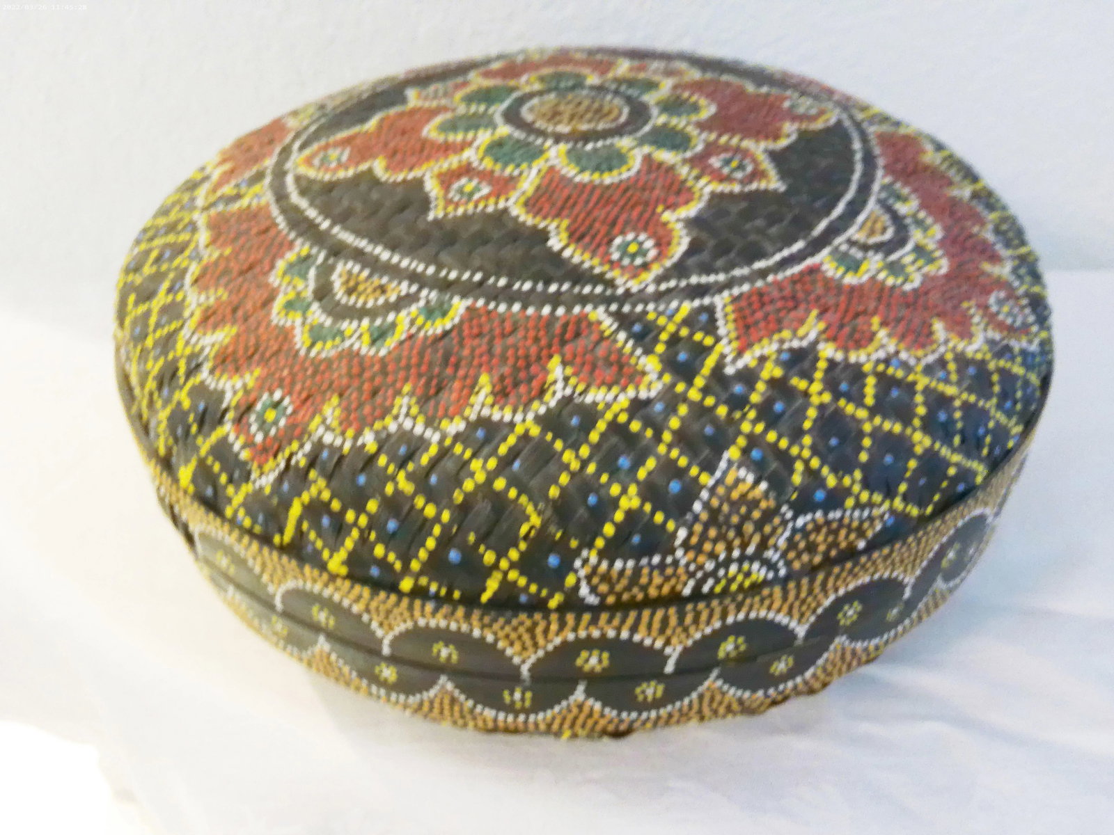 Vintage Hand-Painted Dot Art Boho Lidded Rattan Basket - 3