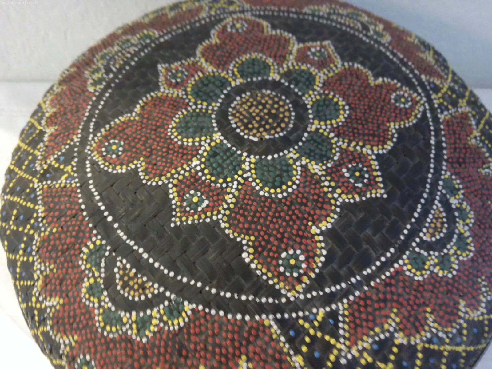 Vintage Hand-Painted Dot Art Boho Lidded Rattan Basket - 4