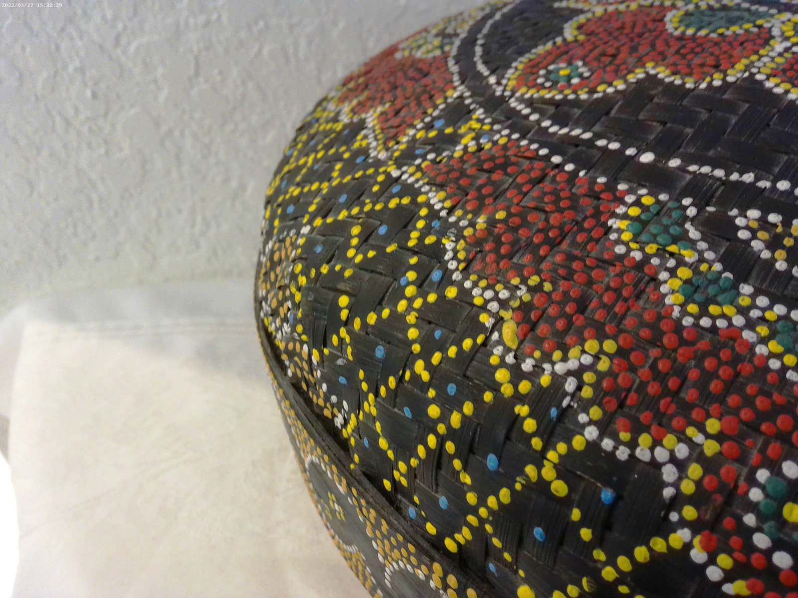 Vintage Hand-Painted Dot Art Boho Lidded Rattan Basket - 5