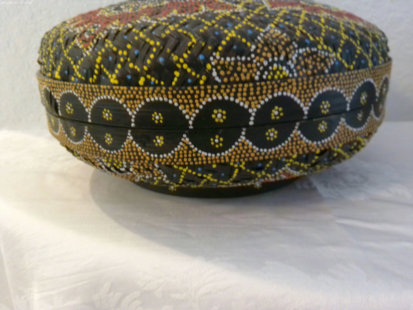 Vintage Hand-Painted Dot Art Boho Lidded Rattan Basket - 6