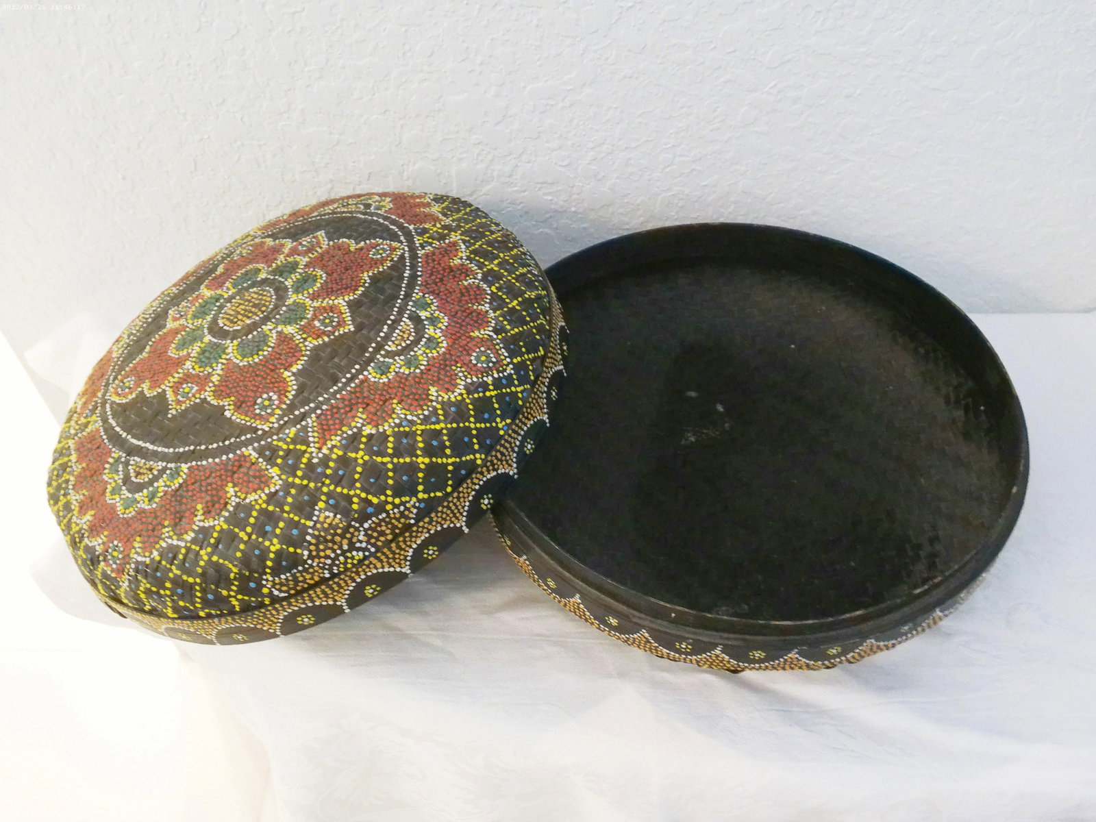 Vintage Hand-Painted Dot Art Boho Lidded Rattan Basket - 7