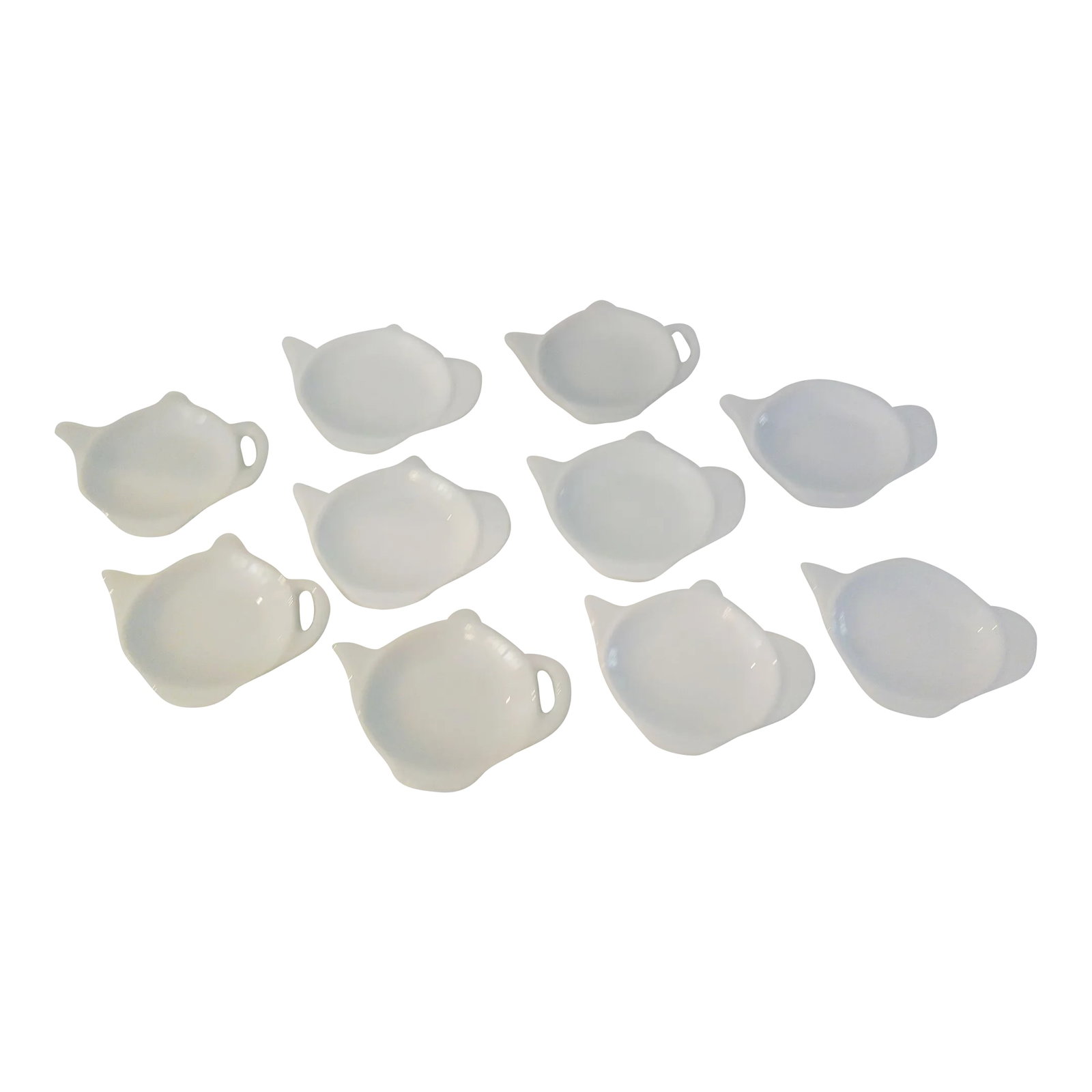 White Fitz & Floyd Teabag Plates/Teaspoon Rests, Set of 10: Charming set of ten white ceramic tea bag plates/spoon rests. Four are marked "Fitz & Floyd Everyday." No makers mark. Condition: Alterations: Original Condition Unaltered Imperfections: Some