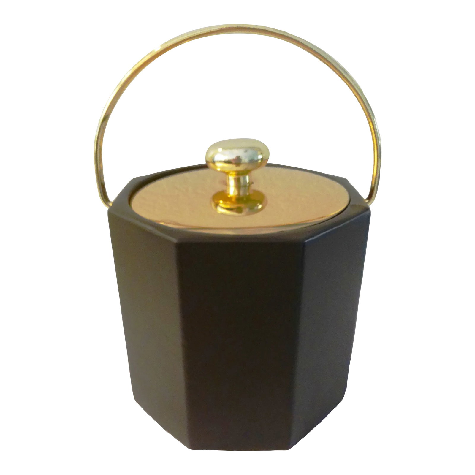 1970s Kraftware Nyc Chocolate Brown Faux Leather Ice Bucket: Stylish dark brown faux leather octagon shaped ice bucket featuring gold-tone levered handle and lid with insulated white hard plastic interior. Marked underside "Kraftware, NYC." Condition: