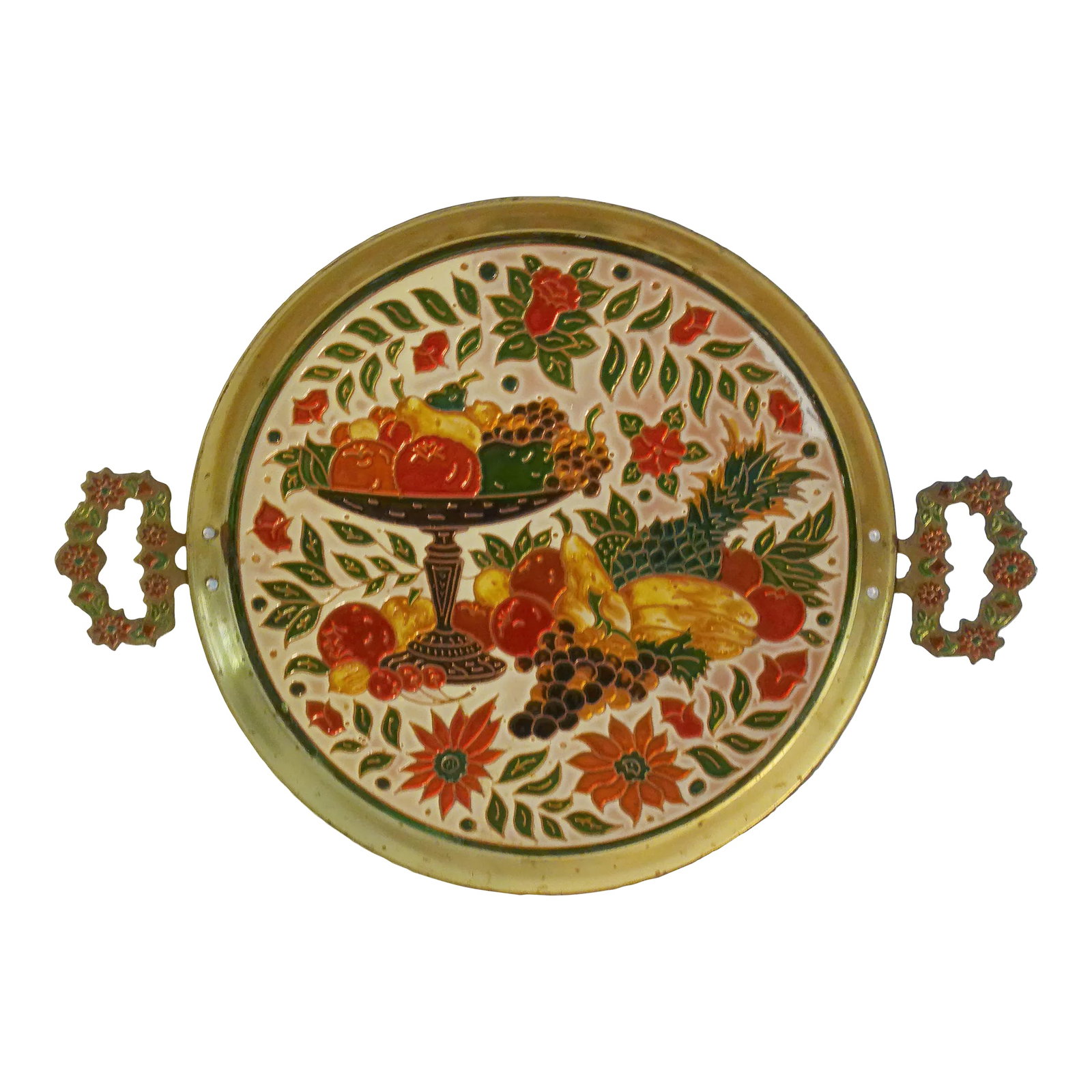 1970s Brass Enameled Fruit Handled Tray: Vibrant 1970s solid brass tray featuring a colorful enameled raised fruit motif on face with enameled floral design handles. No maker's mark. Condition: Alterations: Original Condition Unaltered