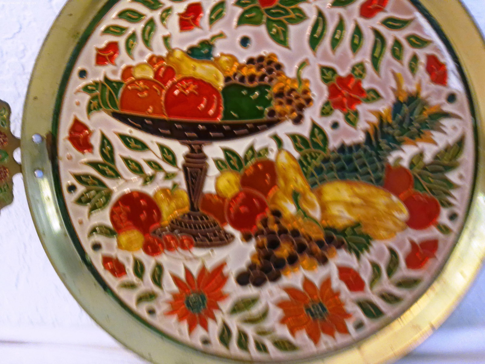 1970s Brass Enameled Fruit Handled Tray - 2