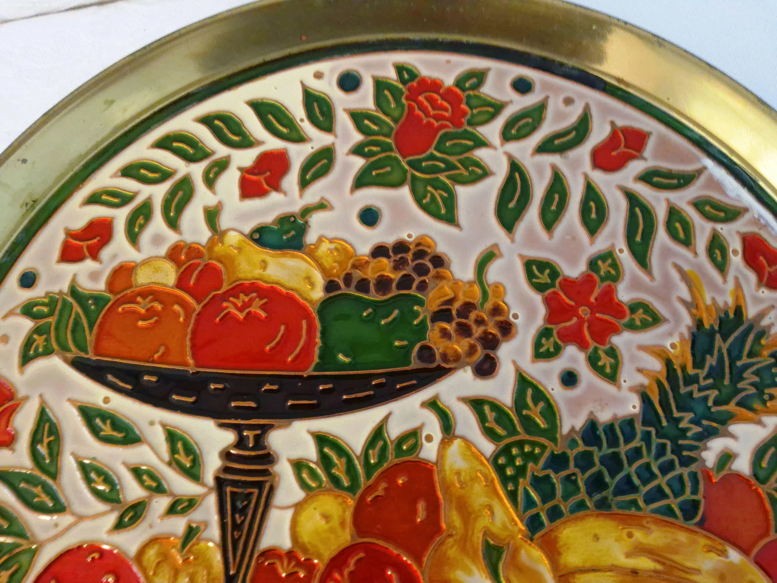 1970s Brass Enameled Fruit Handled Tray - 3
