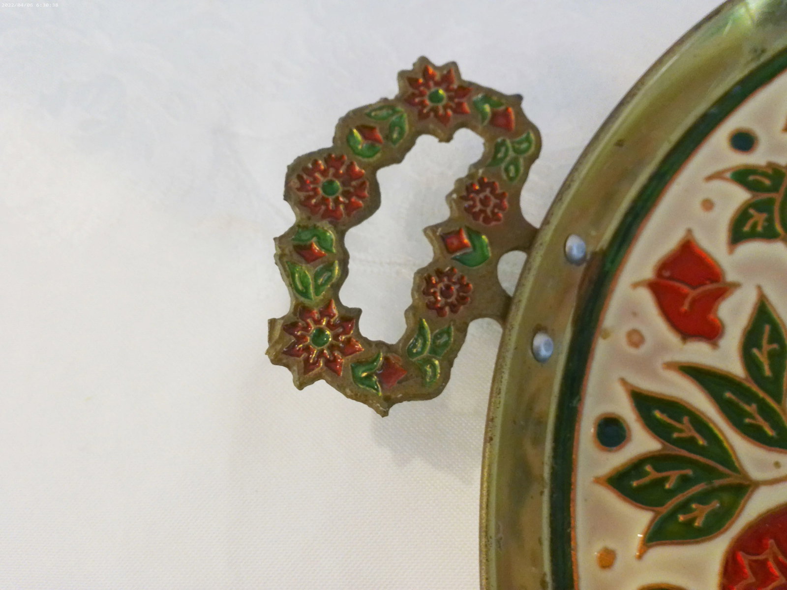 1970s Brass Enameled Fruit Handled Tray - 4