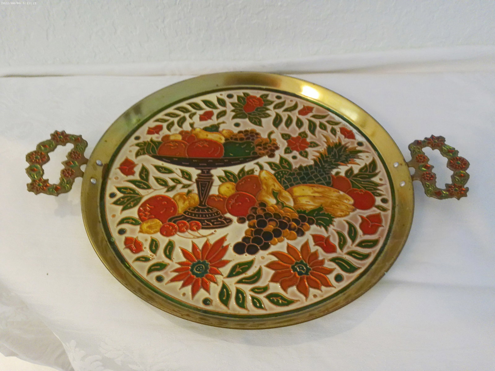 1970s Brass Enameled Fruit Handled Tray - 6