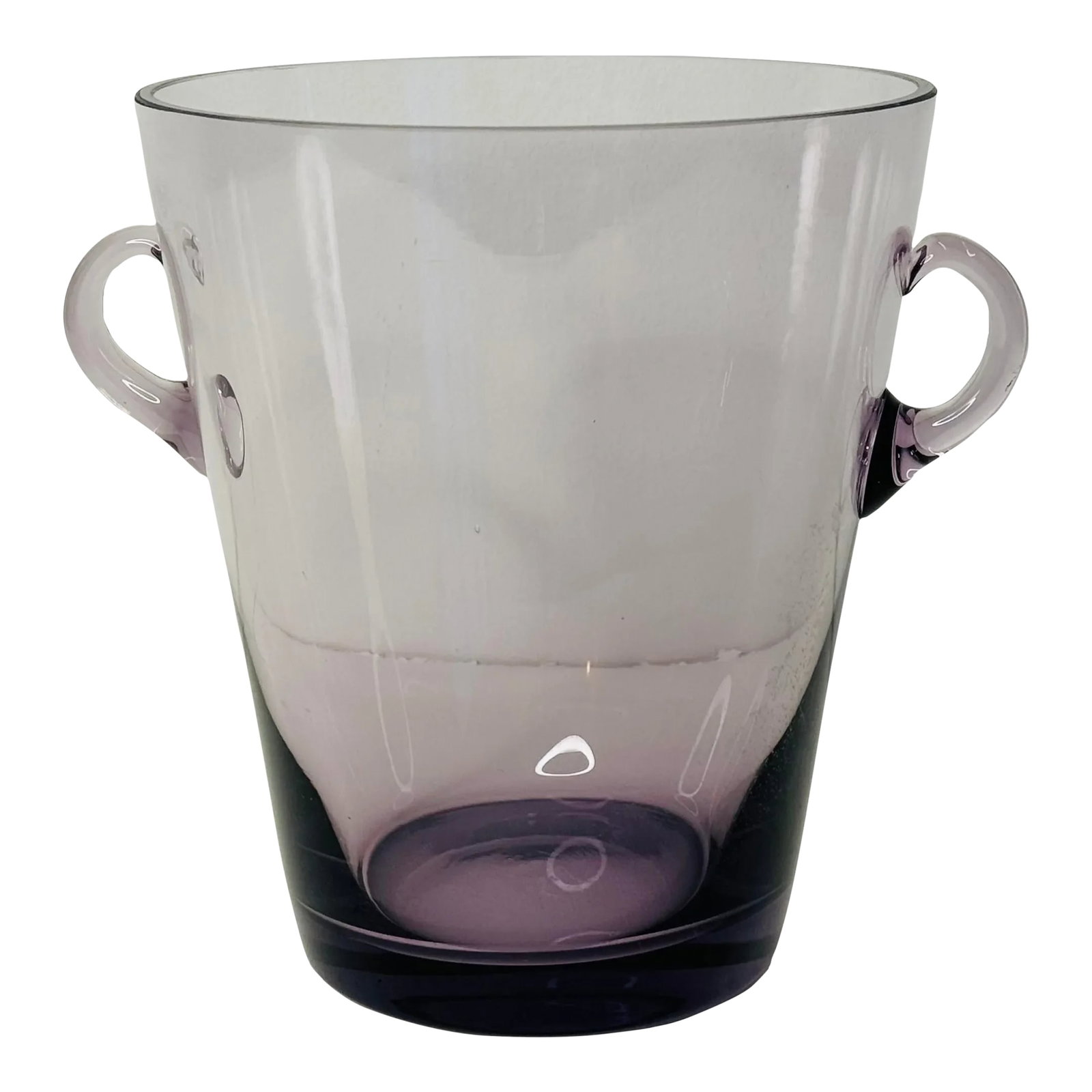 Vintage 1970s Light Amethyst Glass Ice Bucket: Vintage 1970s Light Amethyst Handblown Glass Ice Bucket with applied glass handles. No marks. Condition: Alterations: Original Condition Unaltered Imperfections: Some Imperfections Condition Notes: ex