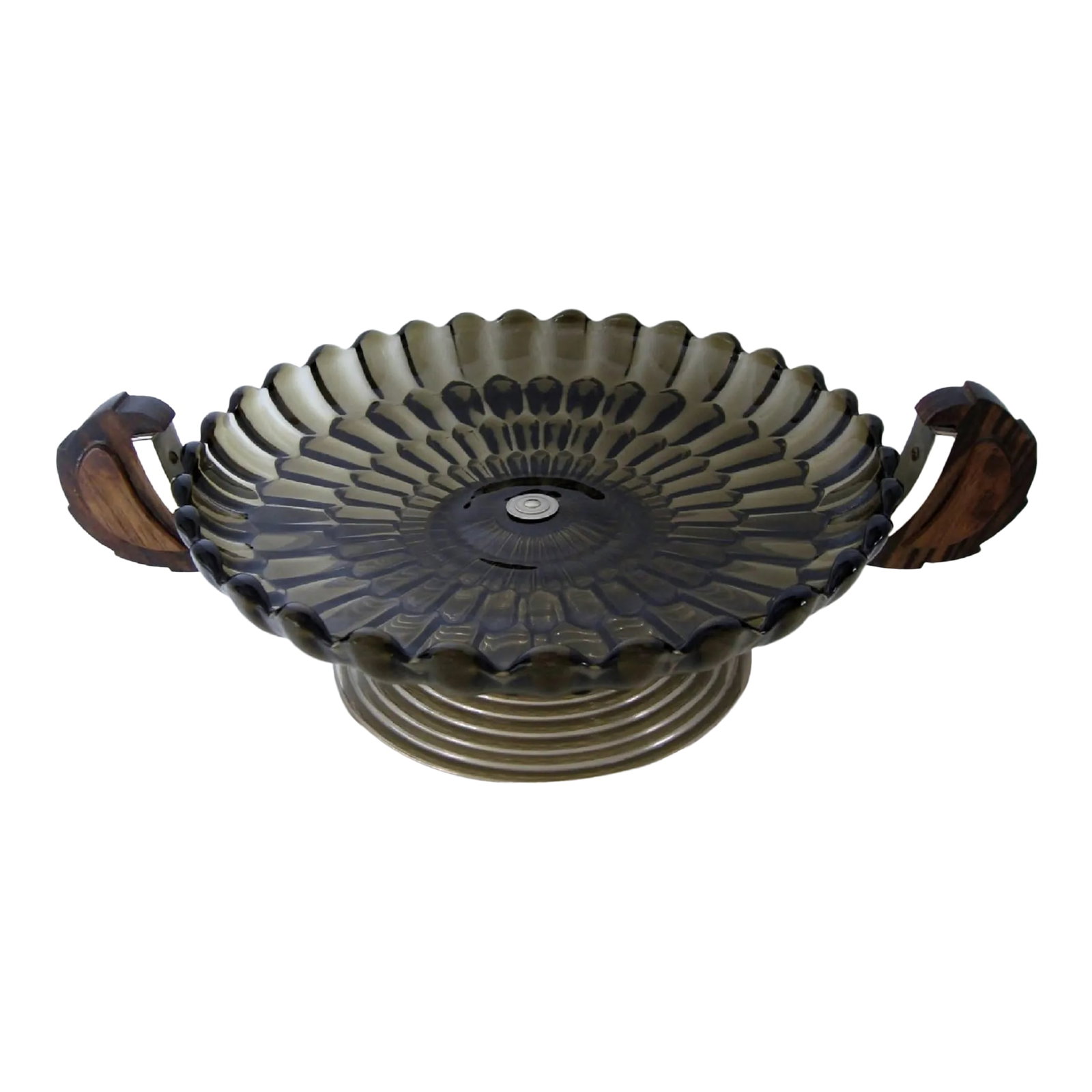 French Art Deco Centerpiece Bowl: 1930s French Art Deco centerpiece bowl of brown smoke heavy glass, on a terraced chrome base, chrome arms with Macassar ebony wood handles. This bowl is attributed to Pierre d'Avesn for Choisy-le-Roi,