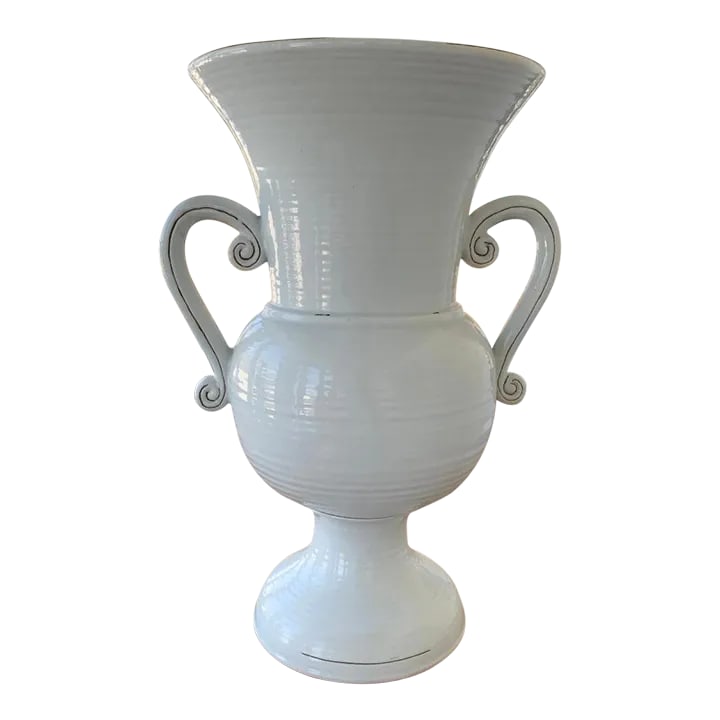Large 1980s Glazed Stoneware Floor Urn: Beautiful, large glazed ceramic urn with handles. White glazed exterior, interior is glazed pale blue. The urn is unbranded. 24.5" tall x 14" wide, the base is 9" wide. Condition: Alterations: