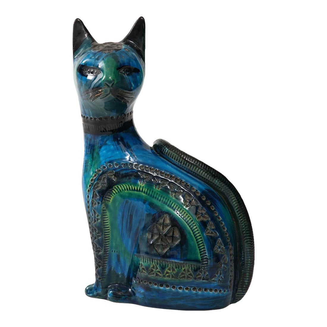 Ceramic Cat by Aldo Londi for Bitossi in 'Rimini Blue' With Incised Decoration Italy. Circa 1960: Aldo Londi's Ceramic Cat for Bitossi, crafted in the iconic 'Rimini blue' glaze circa 1960, is a masterpiece of Italian ceramic artistry. Standing as a testament to Londi's creative genius, this felin