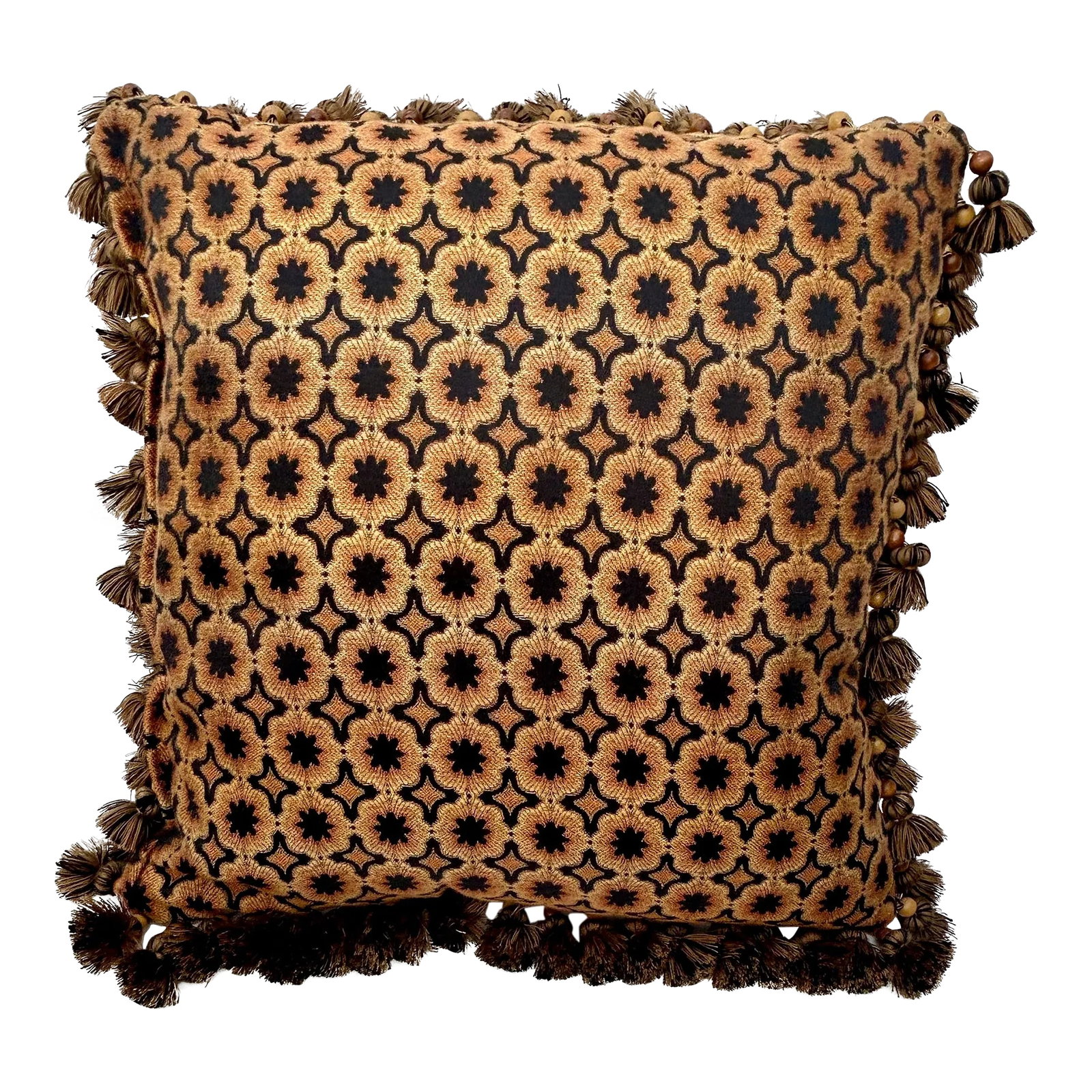 Vintage Boho Chic Macrame Fringed Decorative Pillow: Happy Holidays and Festive Fringe! This vintage decorative pillow is covered in an all over graphic print in caramel and brown fabric. Trimmed with wood beads and fringe tassels, it will make a festiv