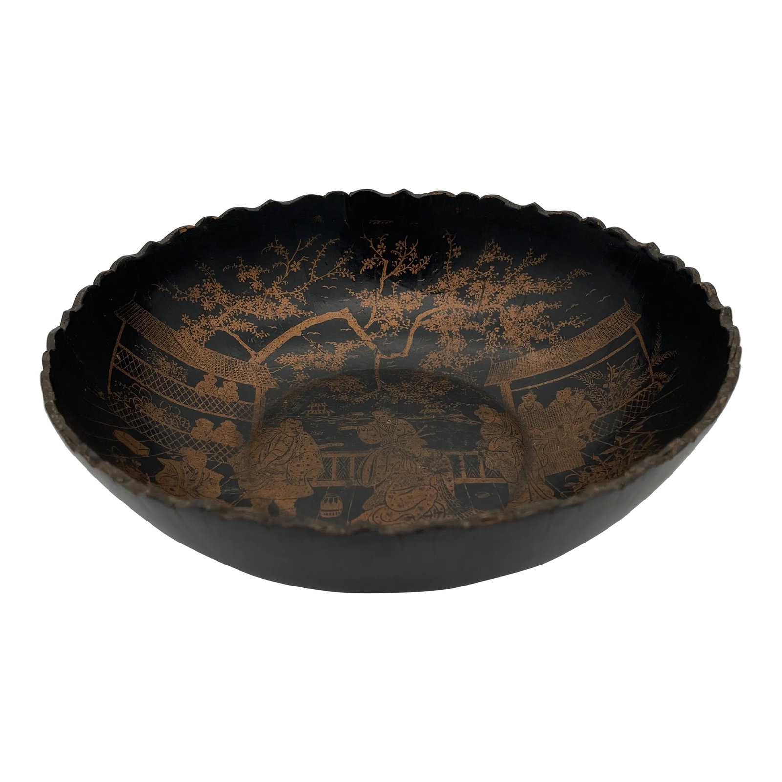 Mid-19th Century Papier Mache Scalloped Chinoiserie Black & Gold Bowl: A fine mid 1800s Black Lacquered Paper Mache Scalloped rim decorative bowl with gold gilded Chinoiserie figural and landscape decoration. Condition: Alterations: Original Condition Unaltered