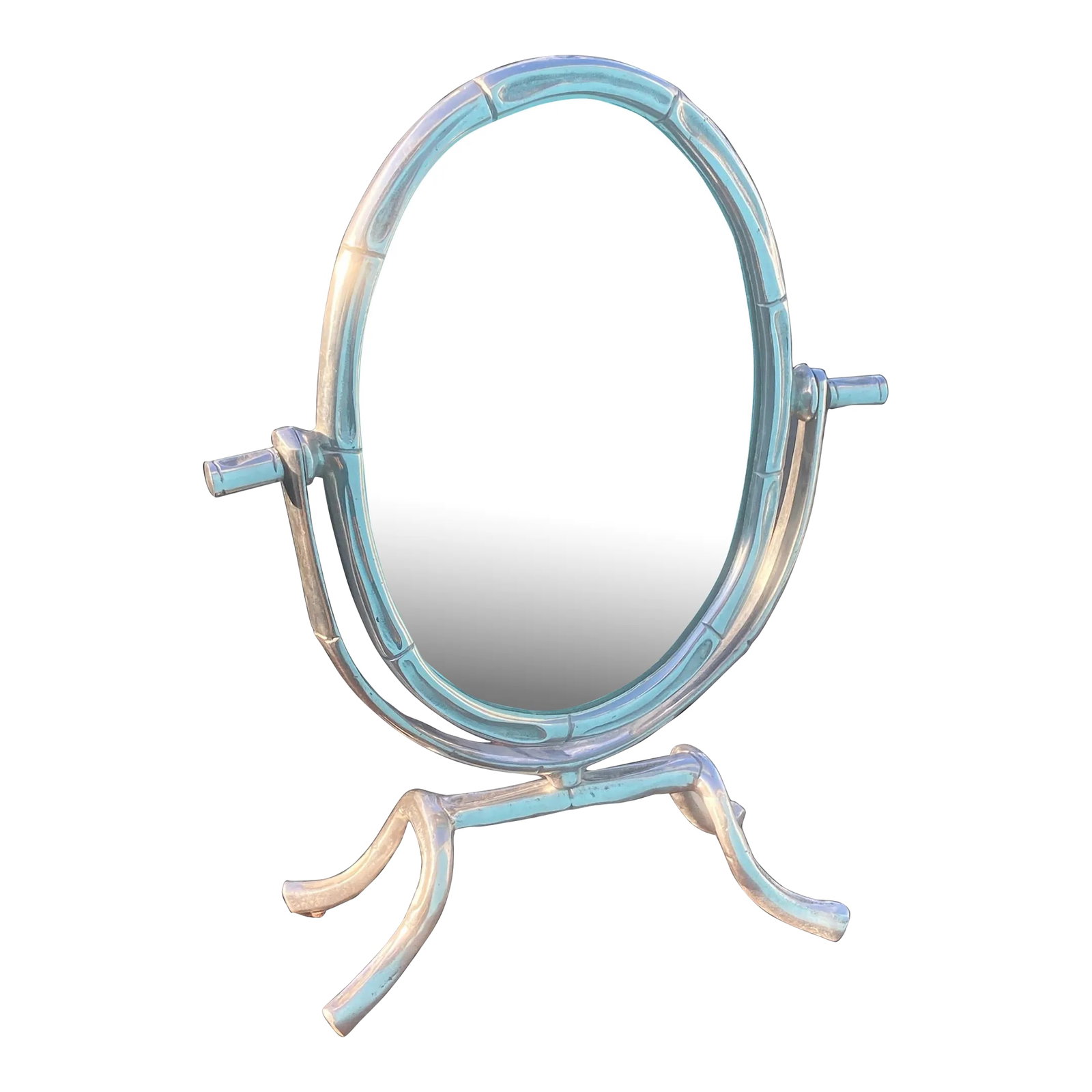 Early 20th Century Art Nouveau Pewter Bamboo Desk or Tabletop Mirror: Beatiful facet cut desk mirror with a pewter frame in a bamboo style. Decorative for a beautiful interior design. Mirror can be "swiveled" to the right or left, and also can be tilted up or down.