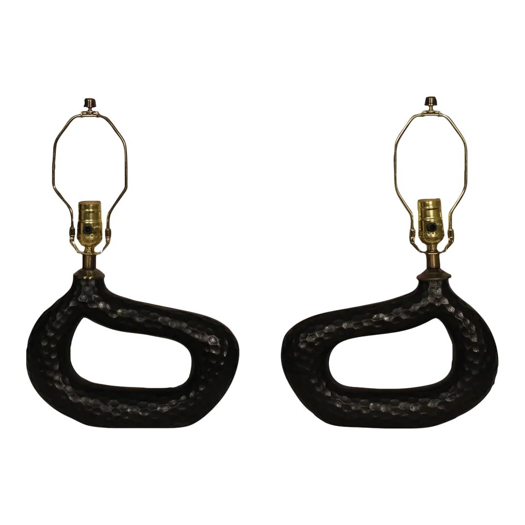 Mid 20th Century Stine Mikkelsen Style Sculptural Lamps - a Pair: Pair of Stine Mikkelsen style sculptural lamps. Unusual abstract shape. Anodized bronze finish overlay on hammered steel. Dimensions are 9.5 tall 11 inches wide. 1.5 inches deep. Shown with 12 x 12 x 