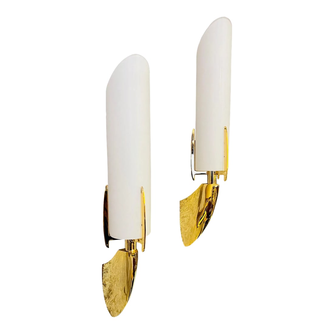 Austrian 1990s High Style Golden Wall Lamps - A Pair: A pair of luxurious 1990s gold plated wall lights with white cylinder shades. Rewired.Made by the Austrian lighomaler, Kolarz. Original Label. Great condition, never installed. Voltage: 110-150v