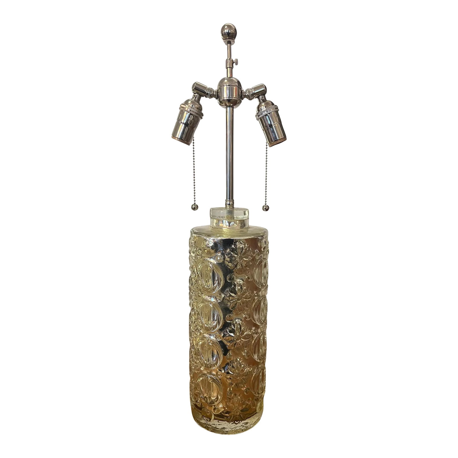 A Guatav Leeks Orrefors Silver Mercury Swedish 1950s Table Lamp: A beautiful silver mercury glass table lamp designed by Gistav Leeks for Orrefors. 1950. Rewired with polished nickel Double sockets and white cloth cords. Voltage: 110-150v Condition: Alterations: Or