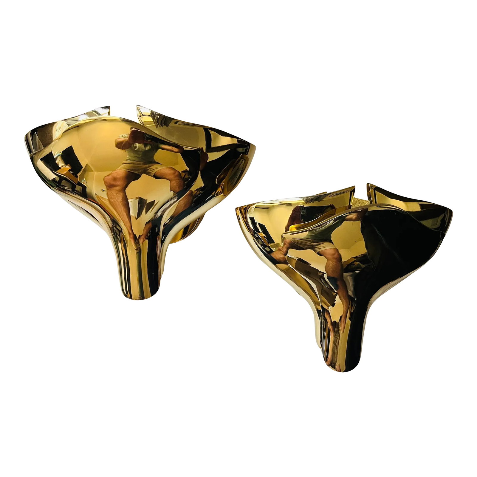 Fratelli Martini Bronze Floral Italian 1980s Wall Lamps - A Pair: A beautiful pair of polished bronze floral wall lamps with overlapping petals. Thick heavy bronze over 10 pounds each. Newly rewired. Made by Italian maker, Fratelli Martini. Original labels.
