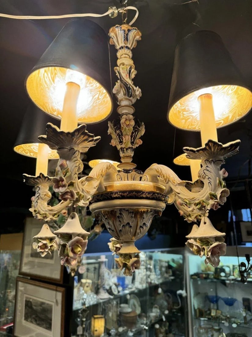 1930s French Hand Painted Porcelain Five Light Chandelier - 10