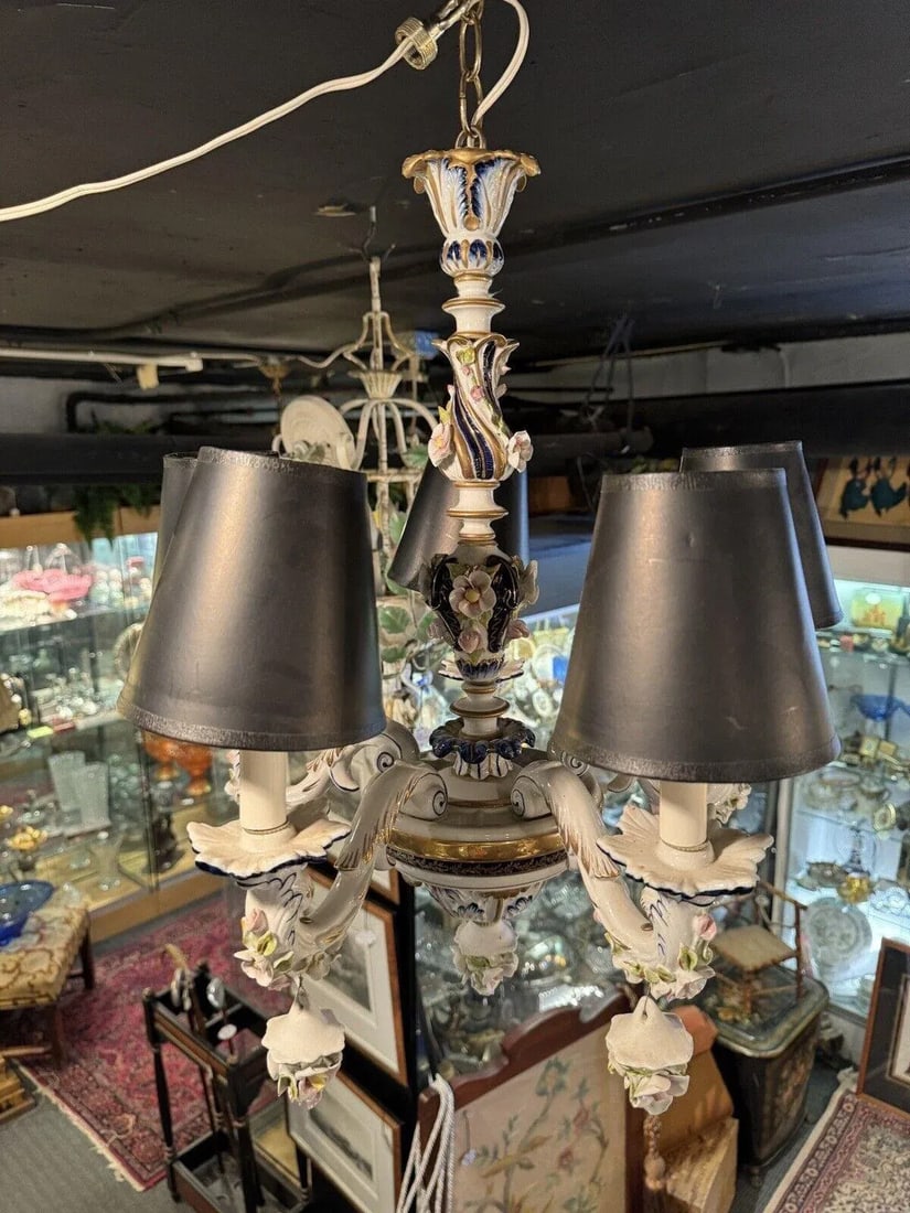 1930s French Hand Painted Porcelain Five Light Chandelier - 11