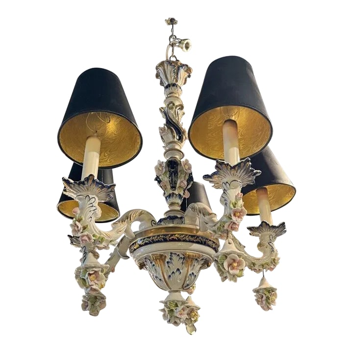 1930s French Hand Painted Porcelain Five Light Chandelier: Antique French Hand Painted Porcelain Five Light Chandelier. Beautiful condition and our professional electrician has checked out the wiring, ready to instal. Includes lampshades as shown. The black s