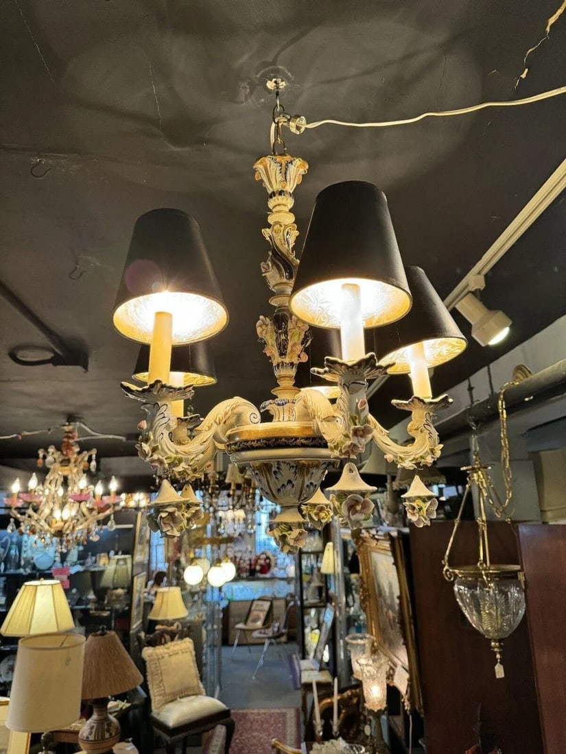 1930s French Hand Painted Porcelain Five Light Chandelier - 2