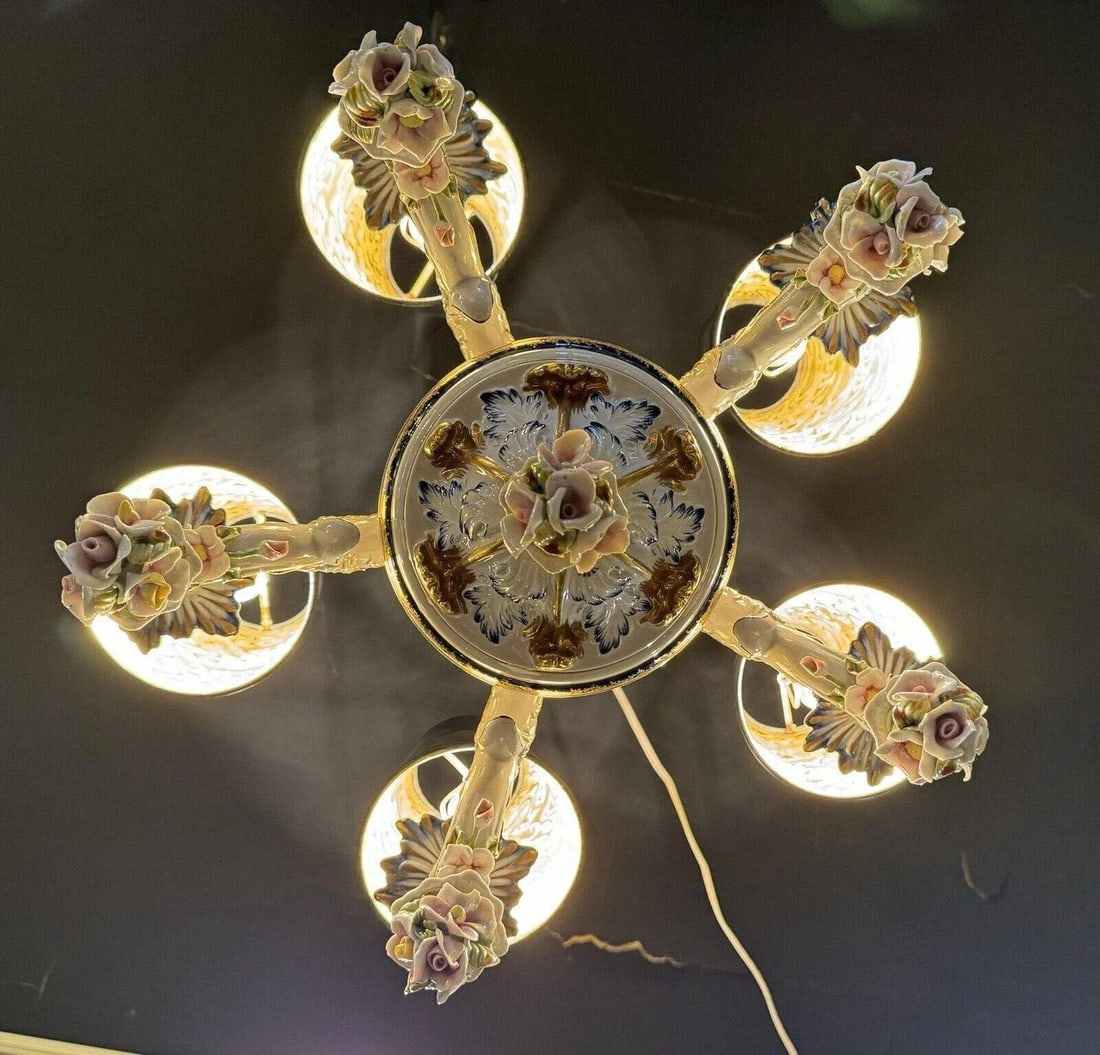 1930s French Hand Painted Porcelain Five Light Chandelier - 3