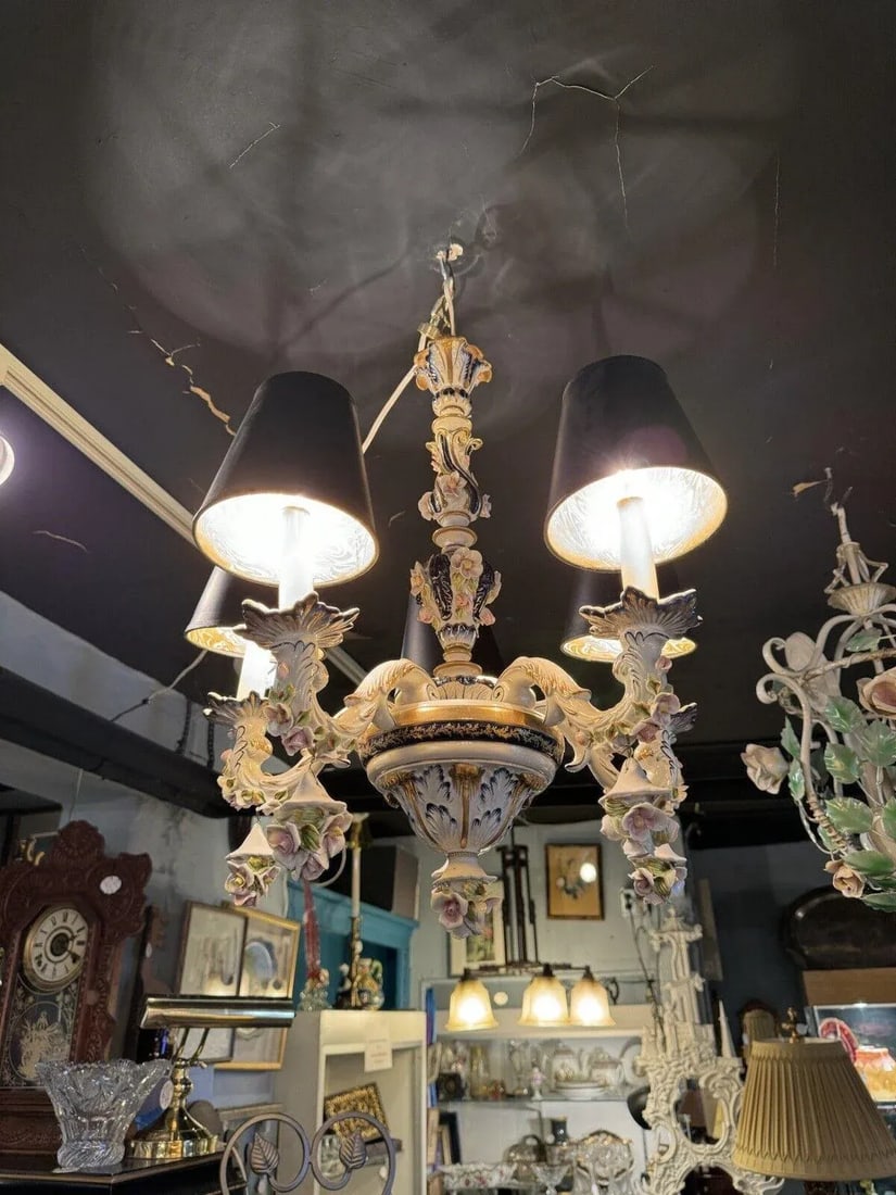 1930s French Hand Painted Porcelain Five Light Chandelier - 4