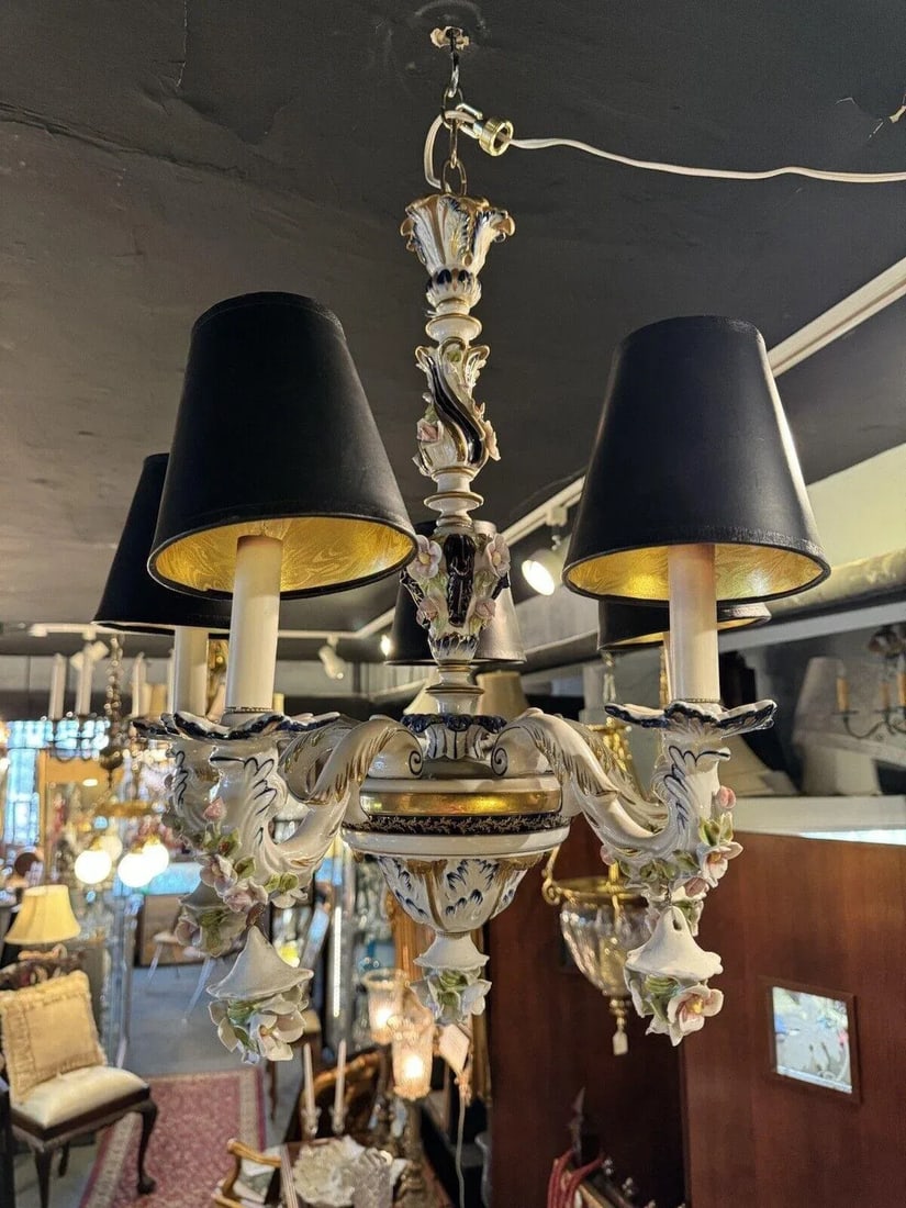 1930s French Hand Painted Porcelain Five Light Chandelier - 5