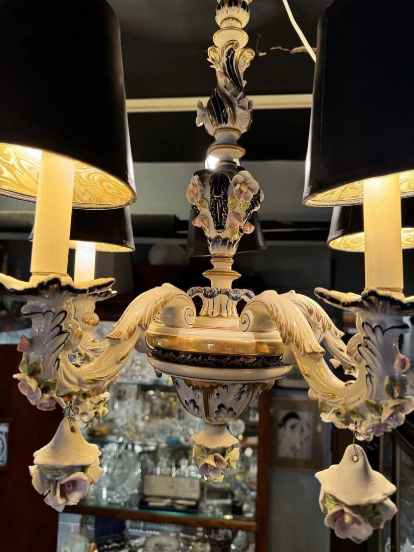 1930s French Hand Painted Porcelain Five Light Chandelier - 6