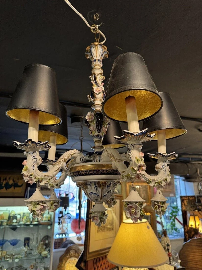 1930s French Hand Painted Porcelain Five Light Chandelier - 7