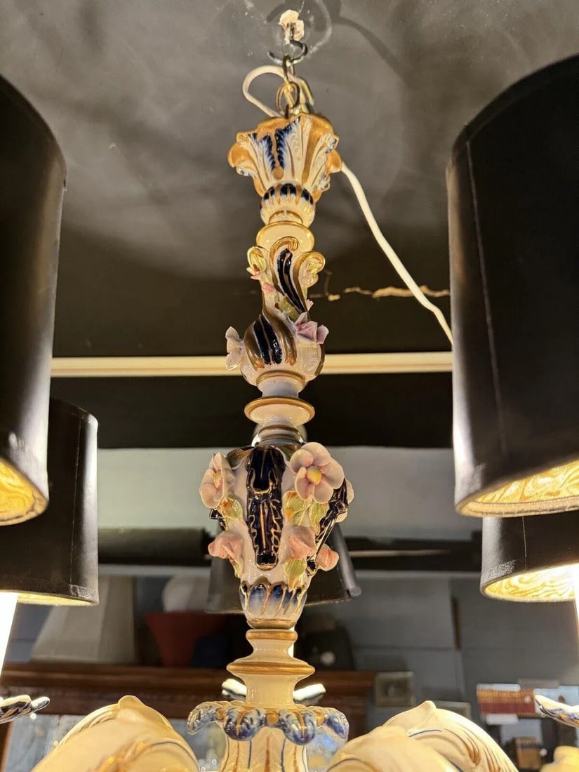 1930s French Hand Painted Porcelain Five Light Chandelier - 8