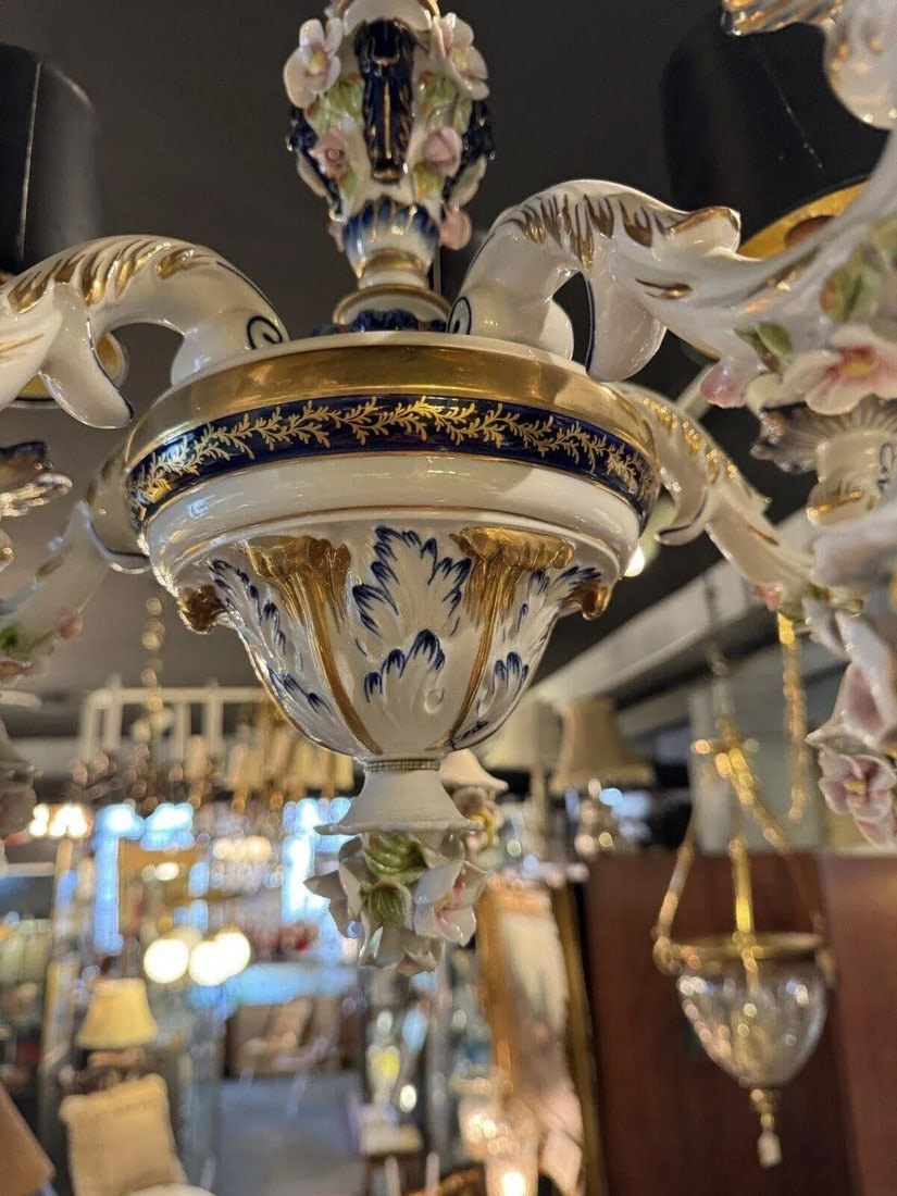 1930s French Hand Painted Porcelain Five Light Chandelier - 9