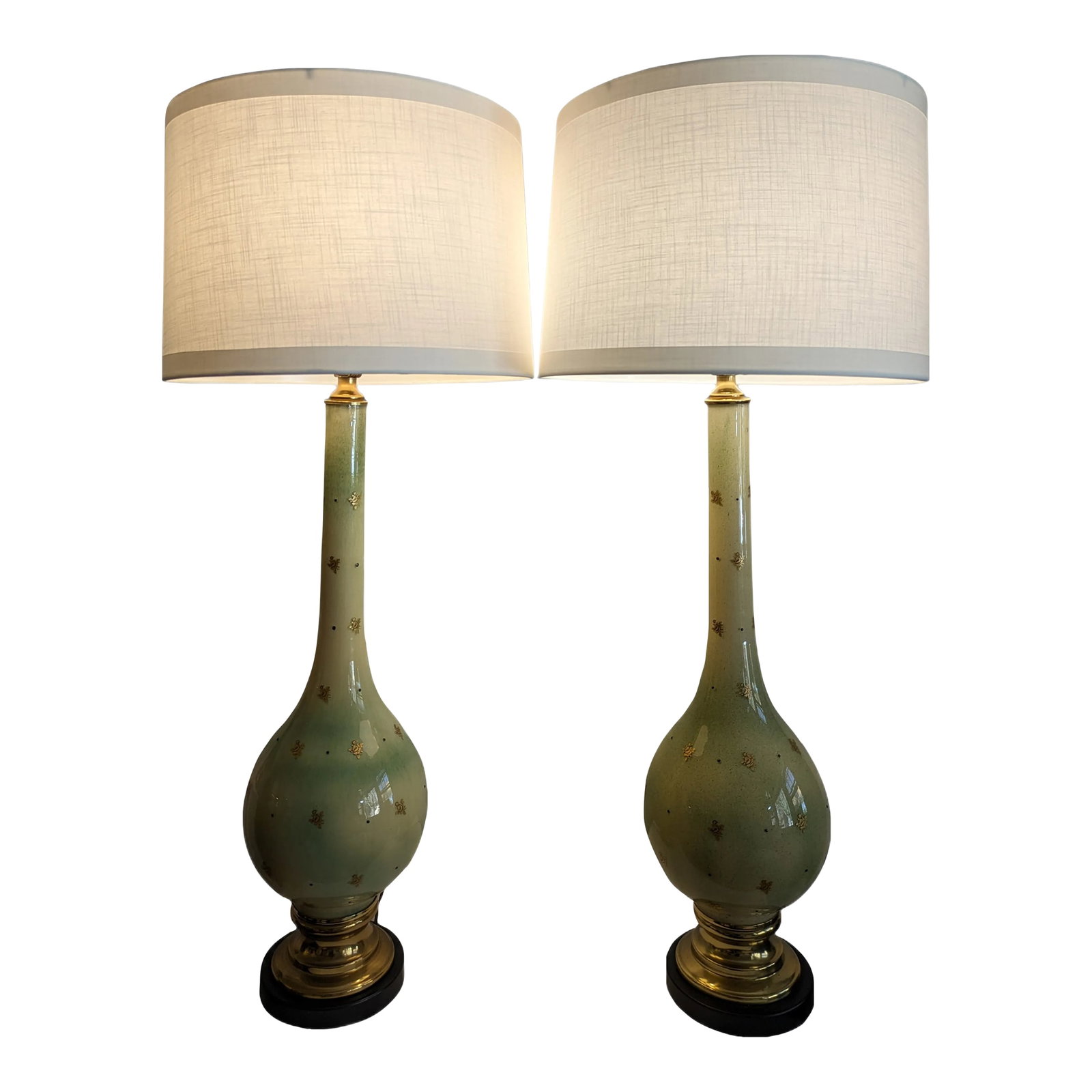 Vintage Pair Murano Long Neck Lamps in the Manner of Archimede Leguso C.1960s: Absolutely Stunning Set of Rare Long Neck Murano Glass Lamps. Green opaline with 24 carat gold flecks rolled into the glass, Avventurina. Aventurine is the name given to a Venetian glassmaking