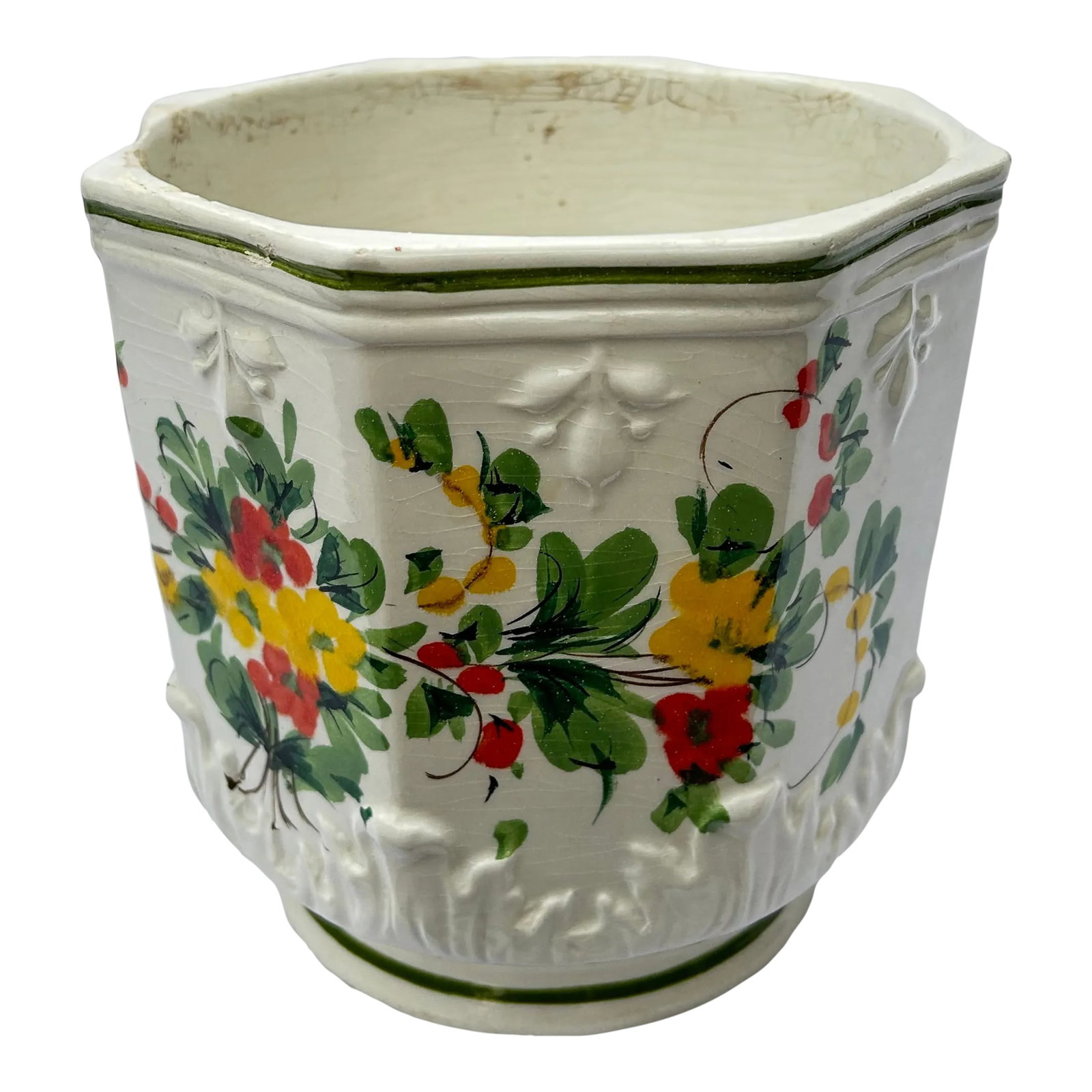 1960's Chinoiserie Hand Painted Floral Planter: Flower power! Orange and yellow flowers with crisp green leaves are hand painted on the exterior of this octagonal ceramic planter. Made in Italy Circa 1960's Maker's Mark on bottom PS: If you