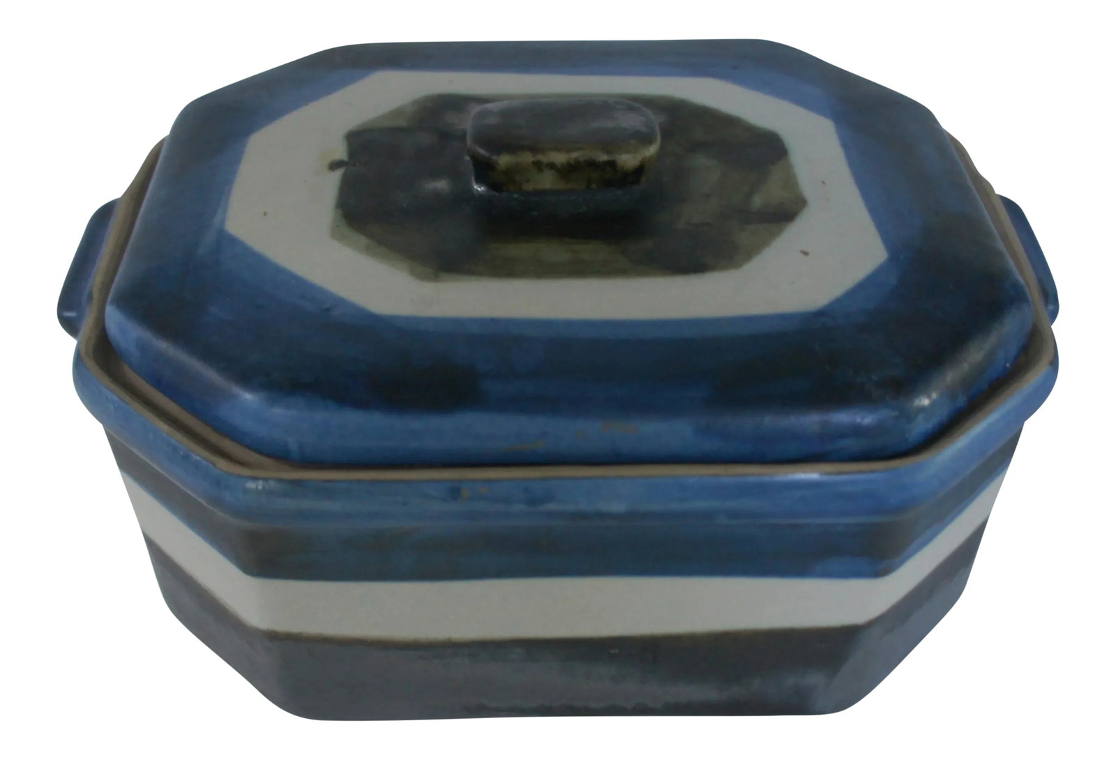 Mid-Century Modern Signed Art Pottery Casserole Box: Mid-century modern three-tone art pottery casserole. Signed by the artist on the bottom. Octagonal shape with handles and lid. Skillfully applied navy blue, ecru and forest green glaze. This will be a