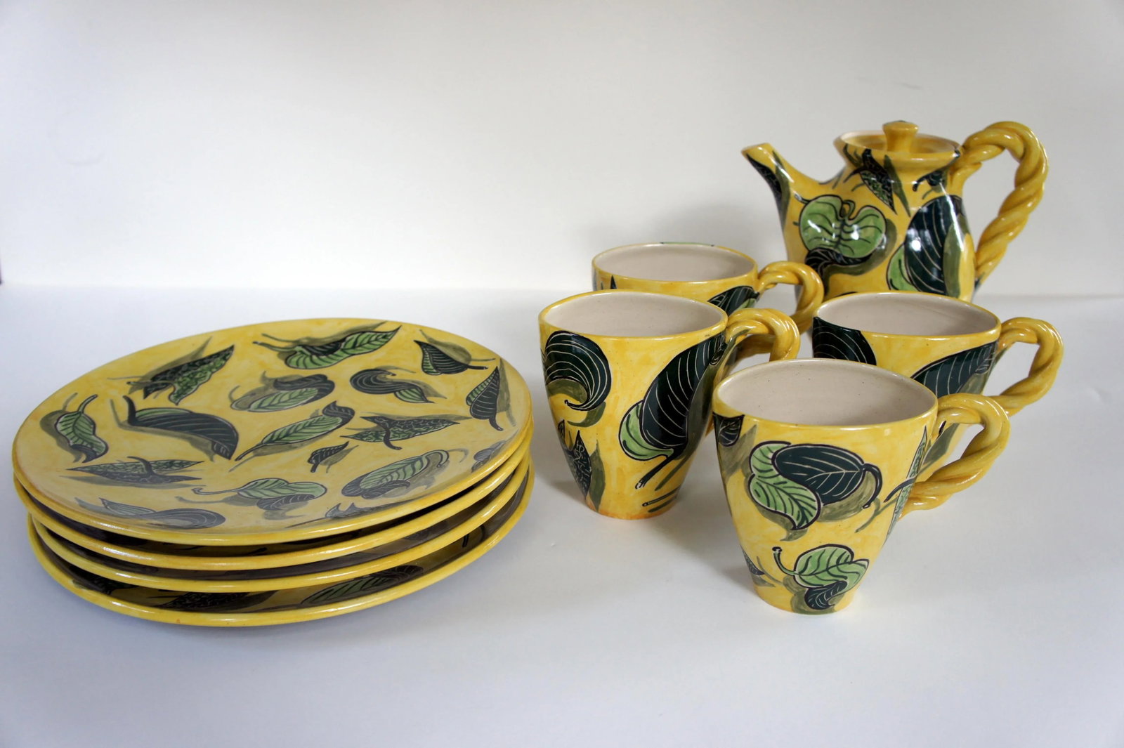1990s Vintage Handthrown Ceramic Leaf Motif Tea Set - 9 Pieces - 12