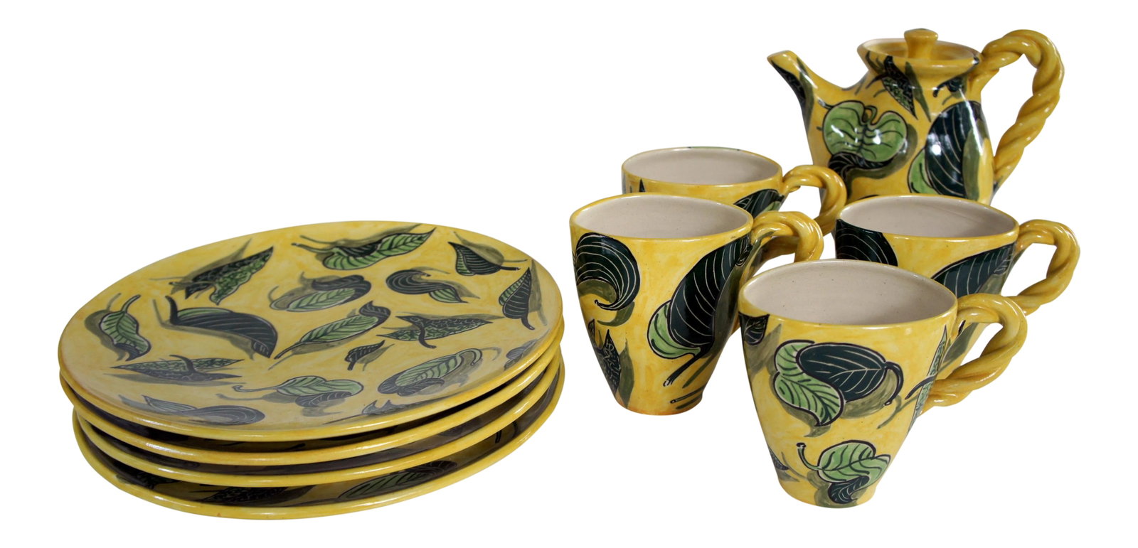 1990s Vintage Handthrown Ceramic Leaf Motif Tea Set - 9 Pieces: A super fun hand-thrown pottery ceramic tea set, featuring a cheerful lemon yellow glaze with hand-drawn shades of green leaves throughout. Signed by the artist on the bottom. Four novel oval shape